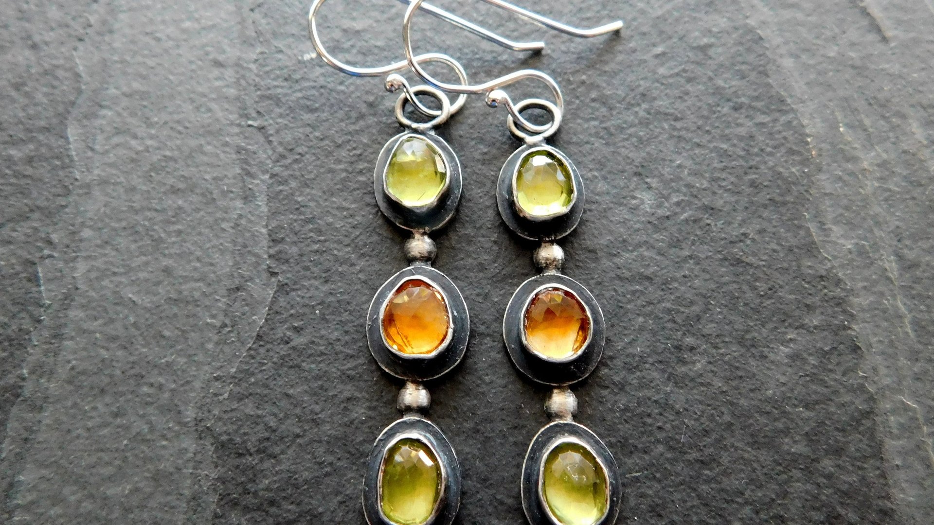 Peridot Citrine Multi Stone Dark Patina Oxidized Sterling Silver Long Gemstone Dangle Earrings
