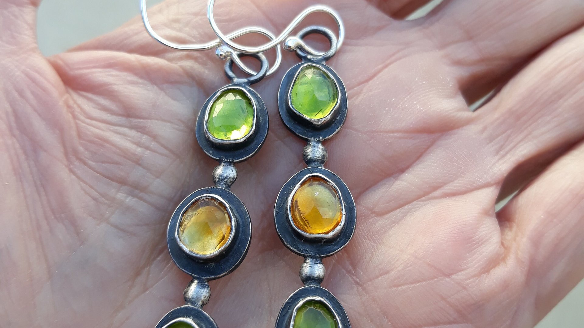 Peridot Citrine Multi Stone Dark Patina Oxidized Sterling Silver Long Gemstone Dangle Earrings