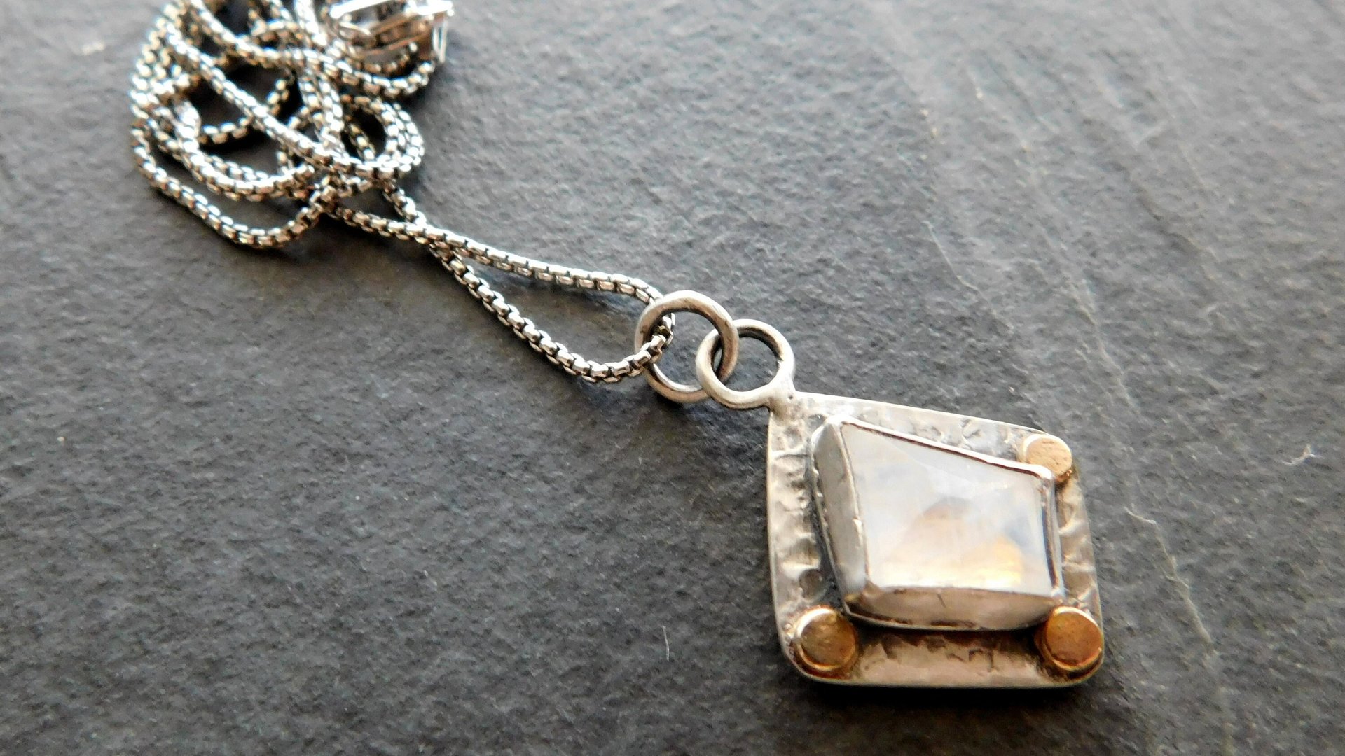 Faceted Rainbow Moonstone Hammered Texture Sterling Silver 14K Gold Mixed Metal Pendant Necklace