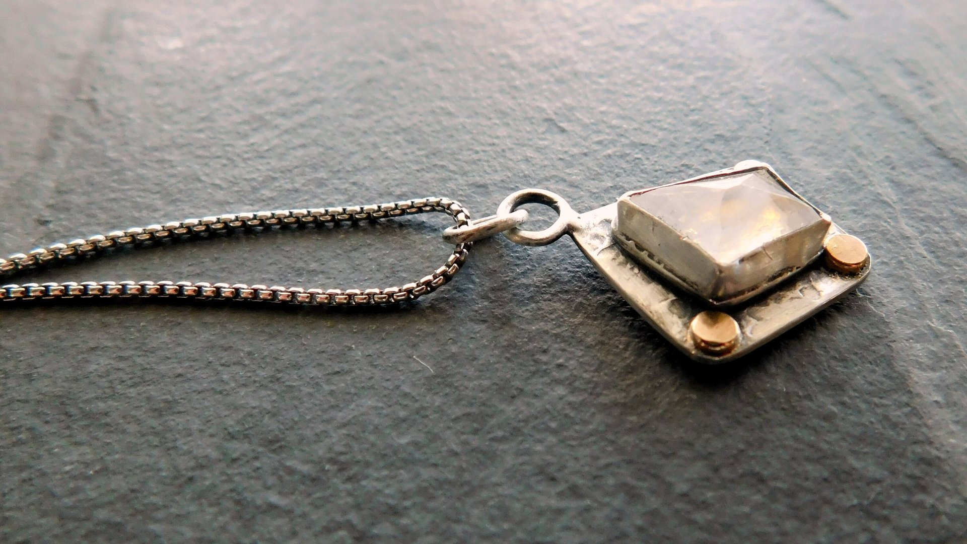Faceted Rainbow Moonstone Hammered Texture Sterling Silver 14K Gold Mixed Metal Pendant Necklace