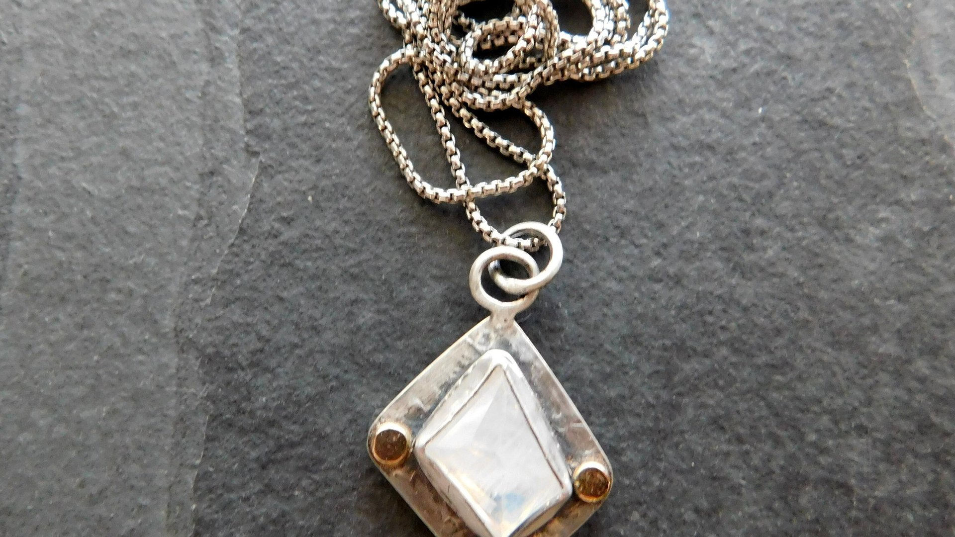 Faceted Rainbow Moonstone Hammered Texture Sterling Silver 14K Gold Mixed Metal Pendant Necklace
