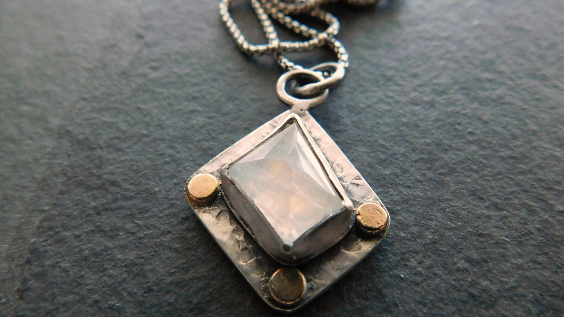 Faceted Rainbow Moonstone Hammered Texture Sterling Silver 14K Gold Mixed Metal Pendant Necklace