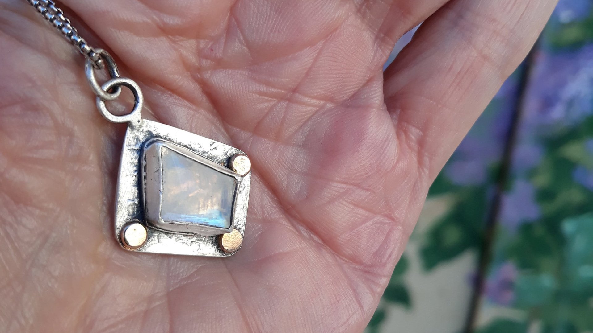 Faceted Rainbow Moonstone Hammered Texture Sterling Silver 14K Gold Mixed Metal Pendant Necklace
