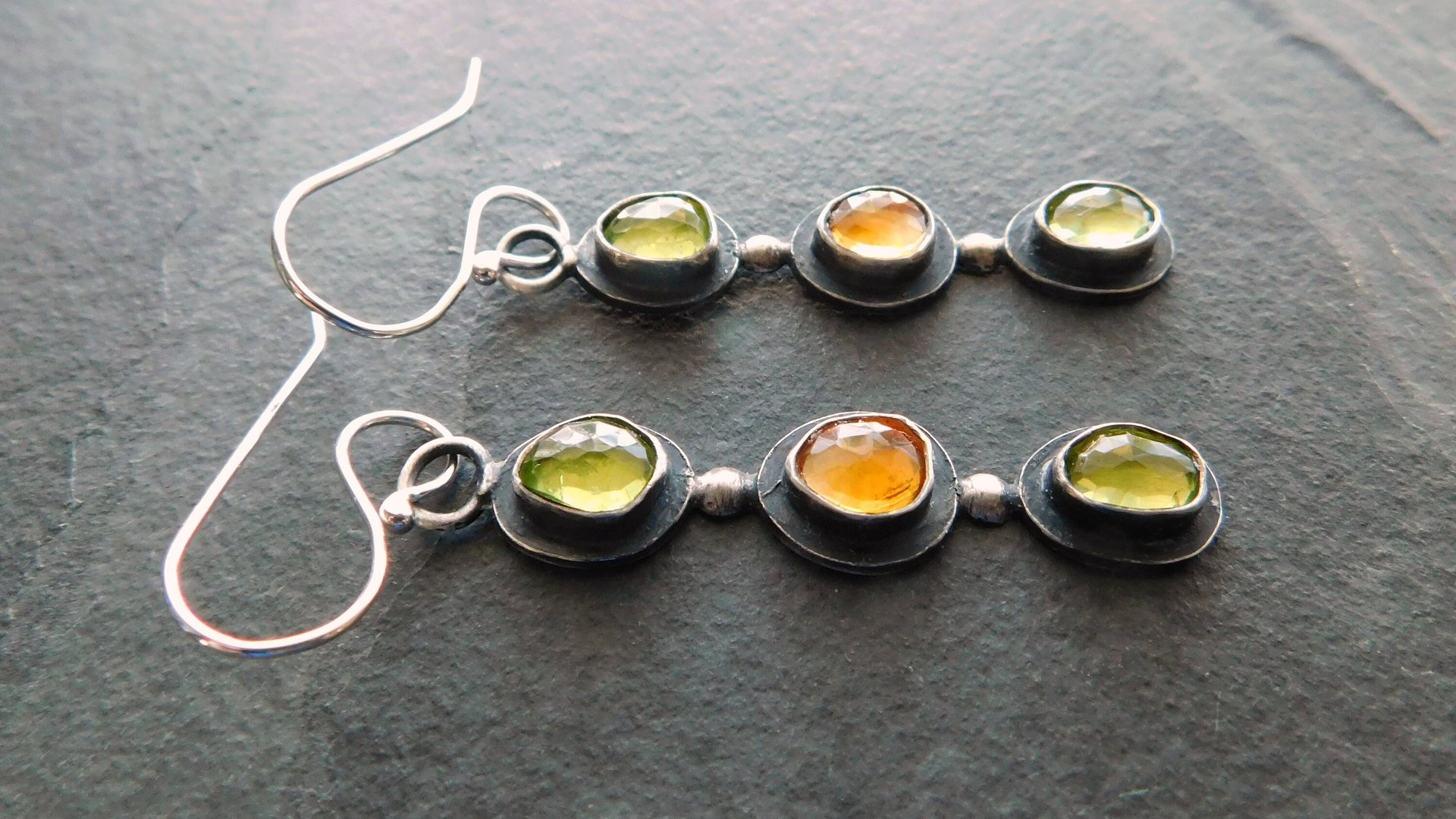 Peridot Citrine Multi Stone Dark Patina Oxidized Sterling Silver Long Gemstone Dangle Earrings