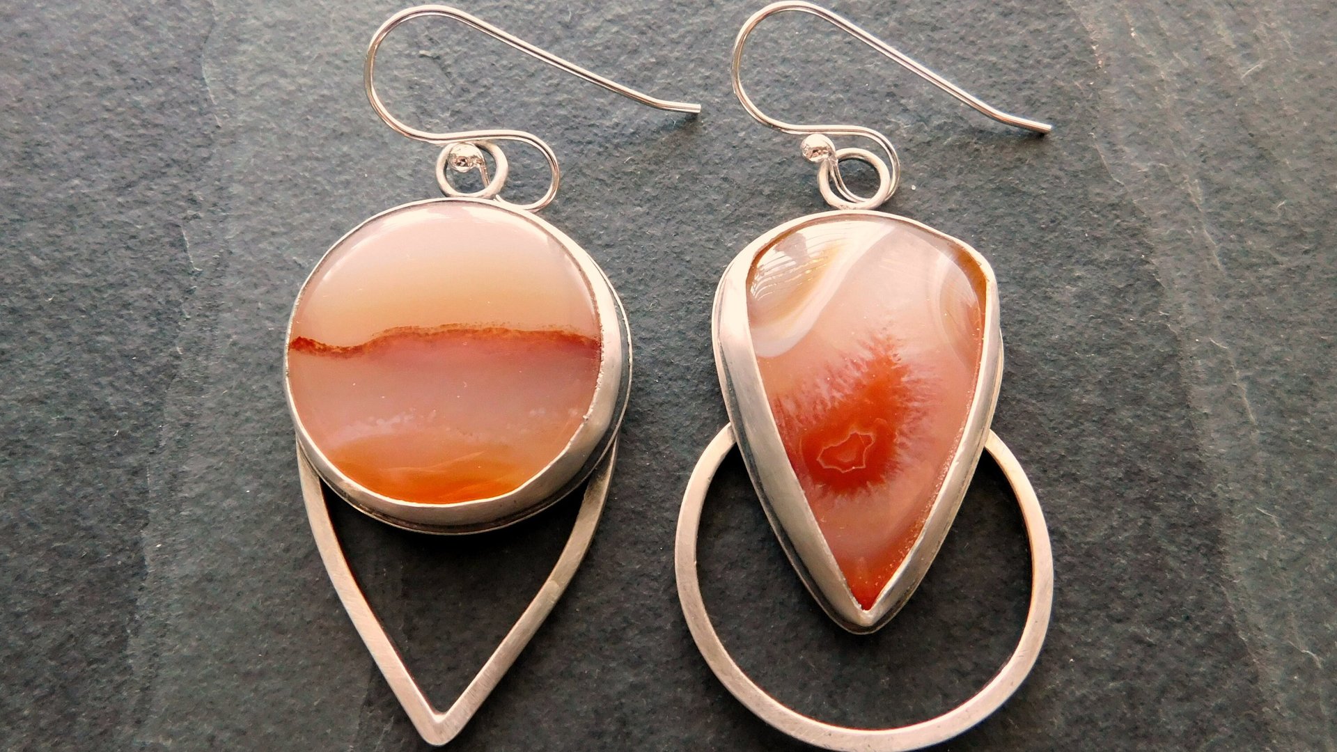 Fiery Orange Brazilian Parana Agate Mismatched Sterling Silver Modernist Statement Earrings