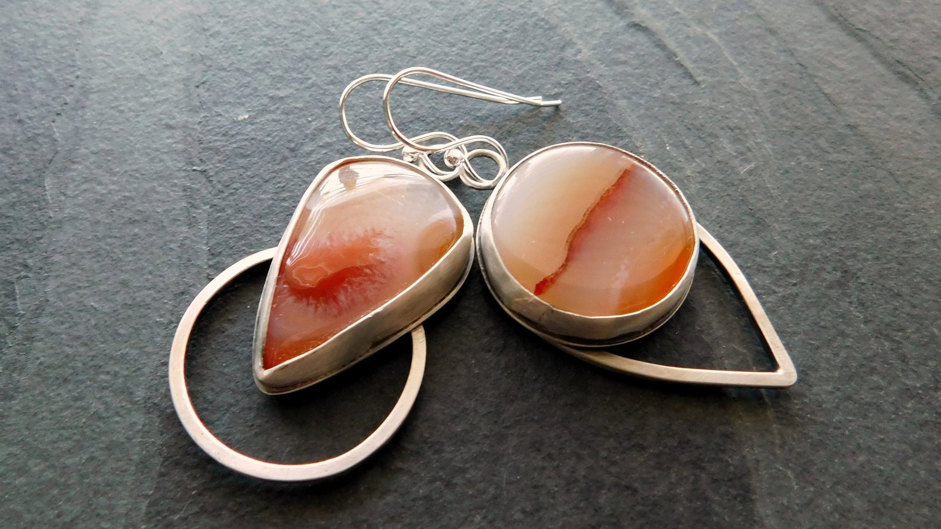 Fiery Orange Brazilian Parana Agate Mismatched Sterling Silver Modernist Statement Earrings