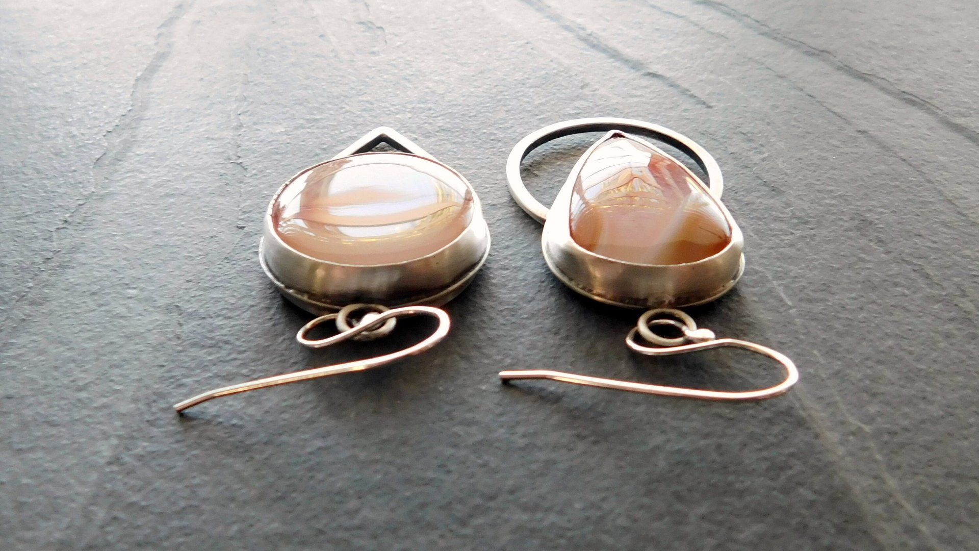 Fiery Orange Brazilian Parana Agate Mismatched Sterling Silver Modernist Statement Earrings