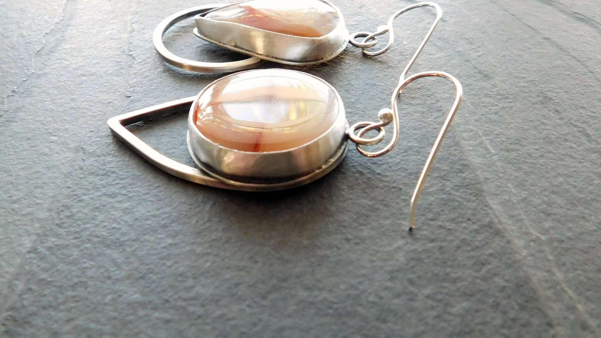 Fiery Orange Brazilian Parana Agate Mismatched Sterling Silver Modernist Statement Earrings