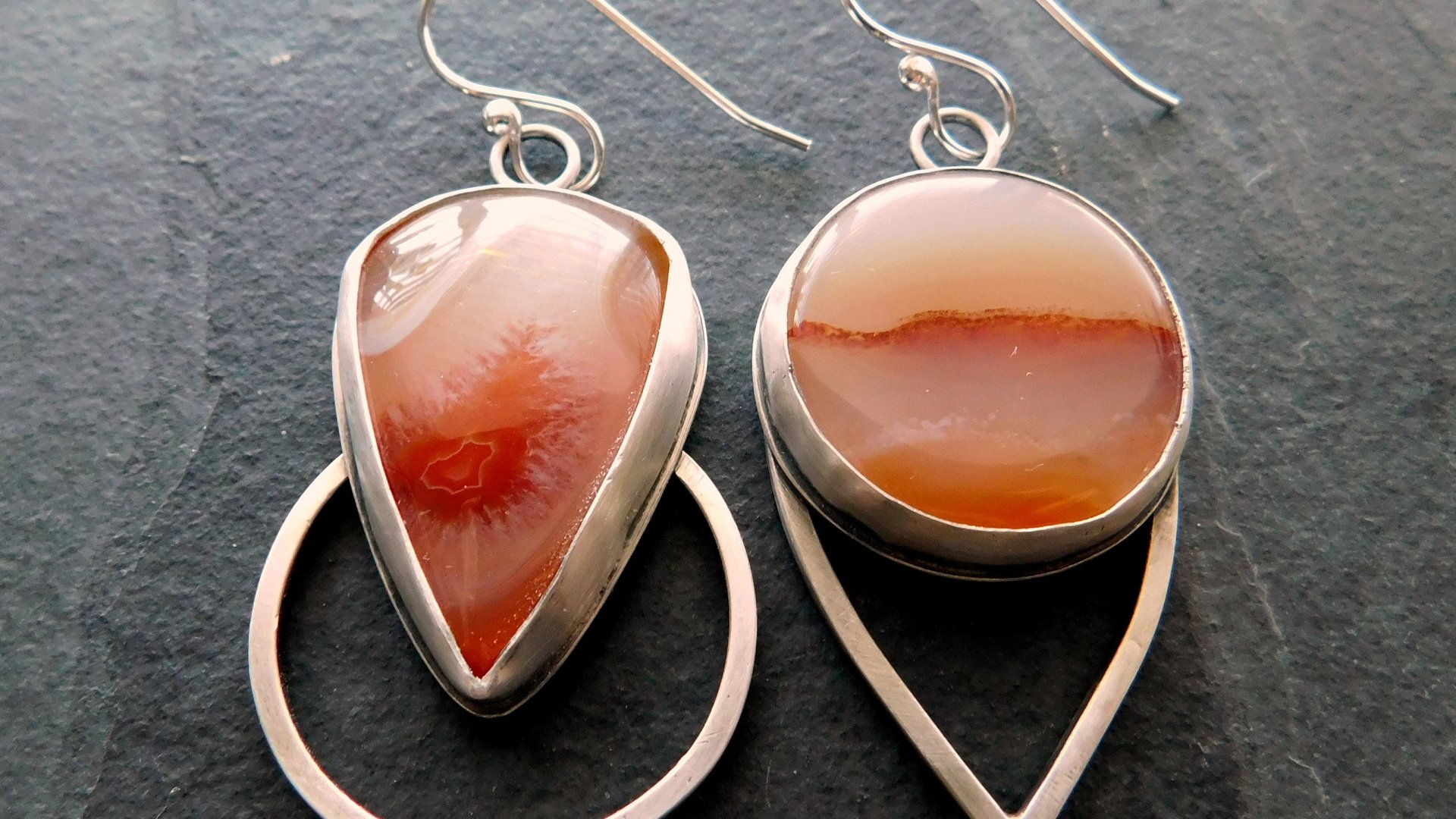 Fiery Orange Brazilian Parana Agate Mismatched Sterling Silver Modernist Statement Earrings