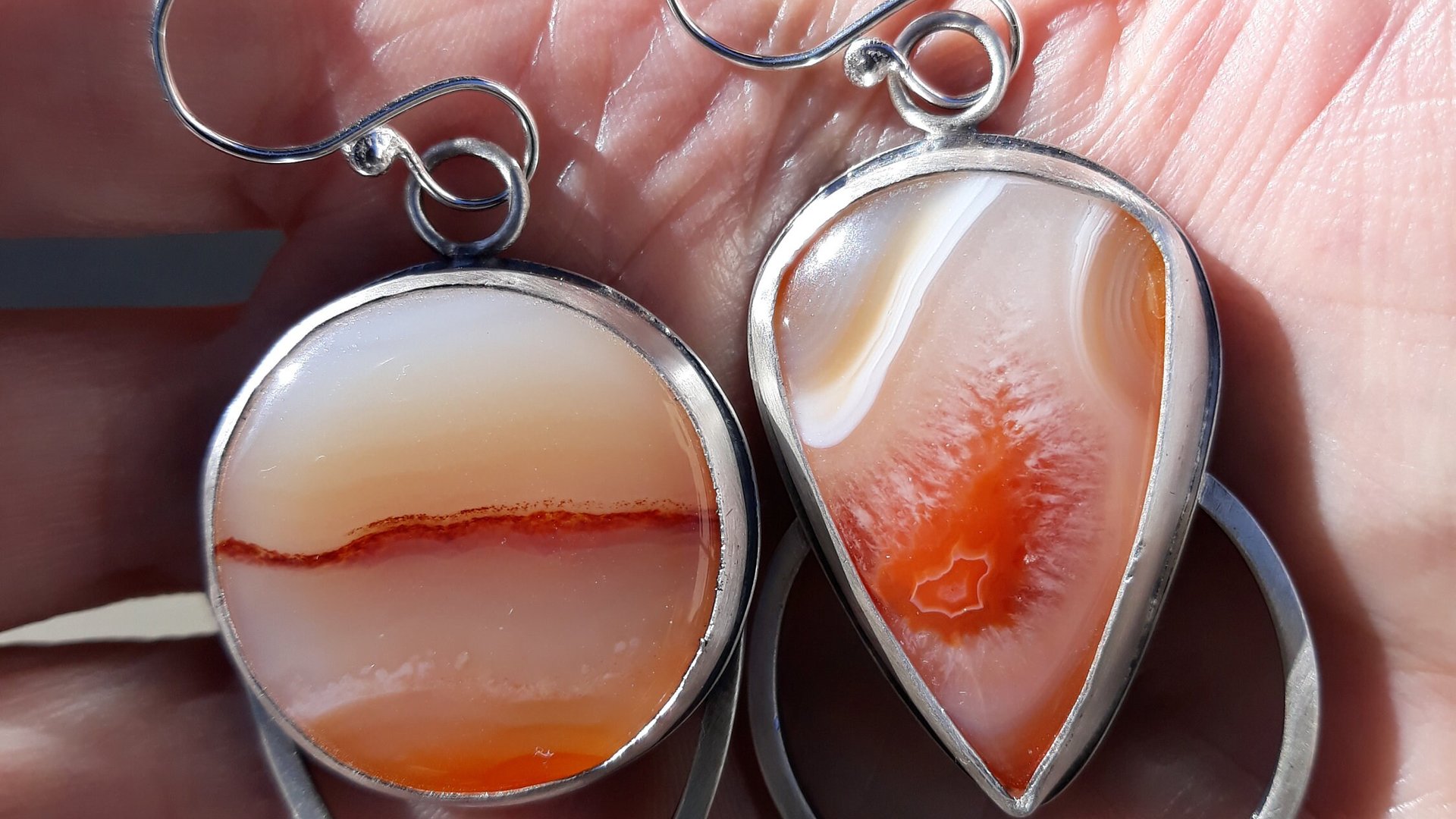 Fiery Orange Brazilian Parana Agate Mismatched Sterling Silver Modernist Statement Earrings