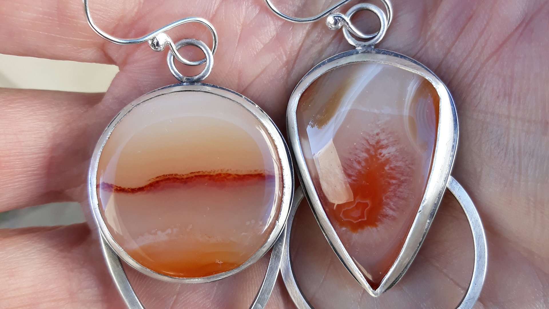 Fiery Orange Brazilian Parana Agate Mismatched Sterling Silver Modernist Statement Earrings