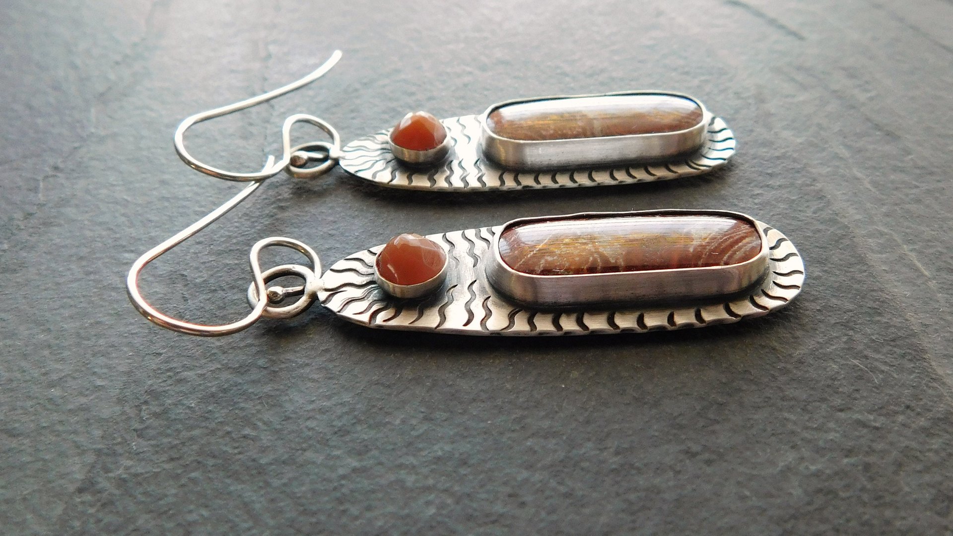Rust Red Brown Ribbon Jasper Brown Moonstone Oxidized Sterling Silver Hand Stamped Dangle Earrings