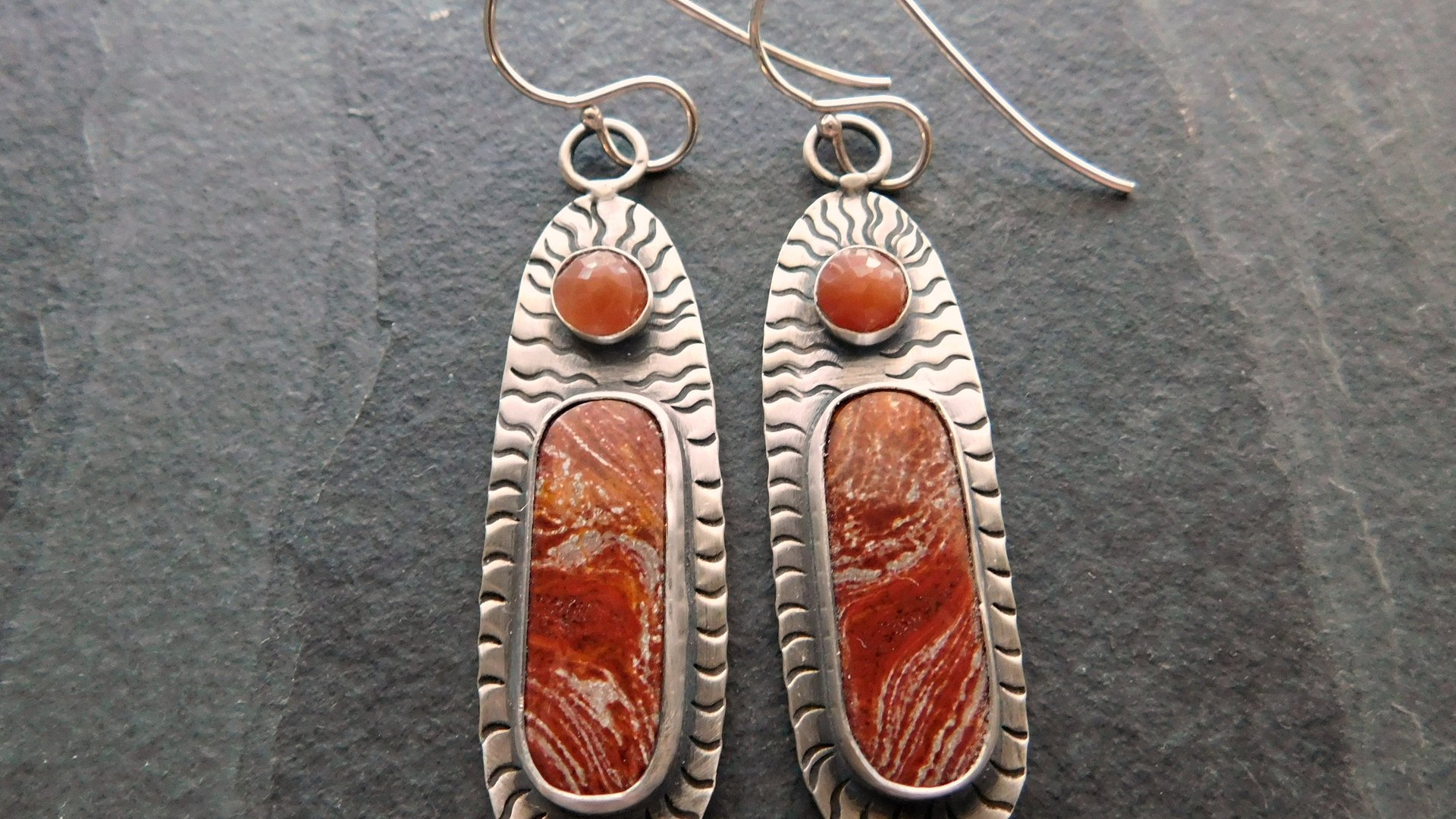 Rust Red Brown Ribbon Jasper Brown Moonstone Oxidized Sterling Silver Hand Stamped Dangle Earrings