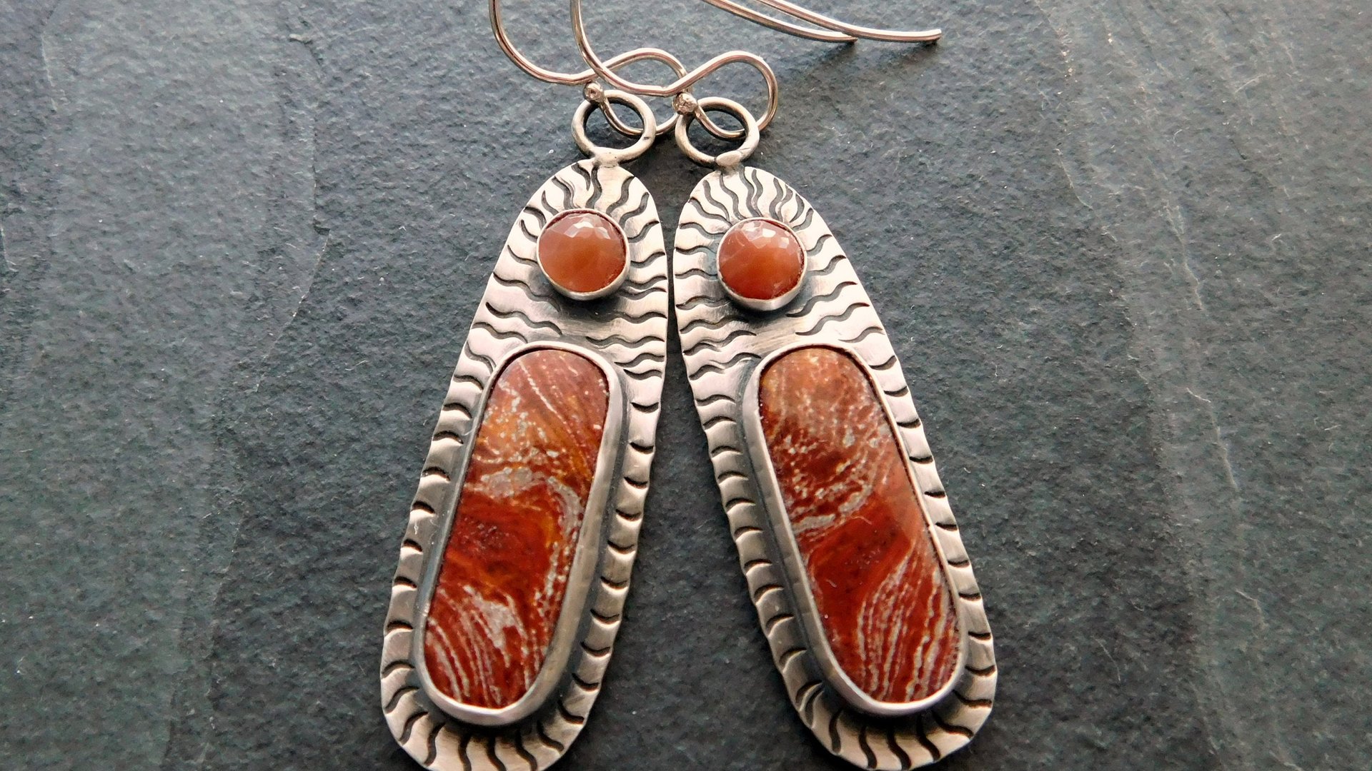 Rust Red Brown Ribbon Jasper Brown Moonstone Oxidized Sterling Silver Hand Stamped Dangle Earrings