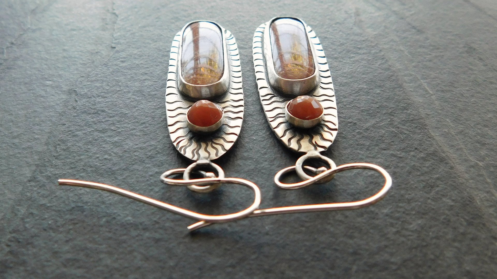 Rust Red Brown Ribbon Jasper Brown Moonstone Oxidized Sterling Silver Hand Stamped Dangle Earrings