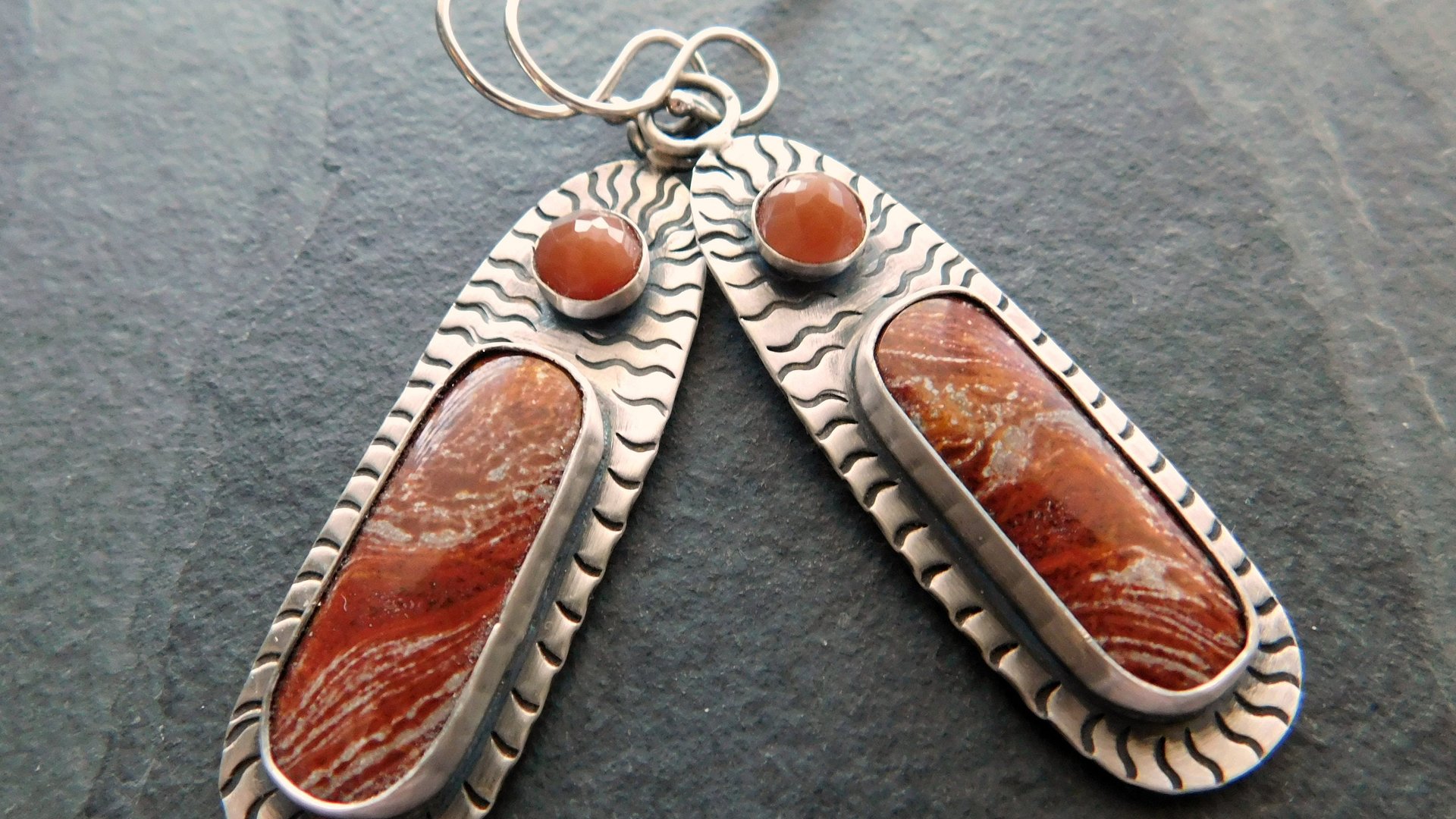 Rust Red Brown Ribbon Jasper Brown Moonstone Oxidized Sterling Silver Hand Stamped Dangle Earrings