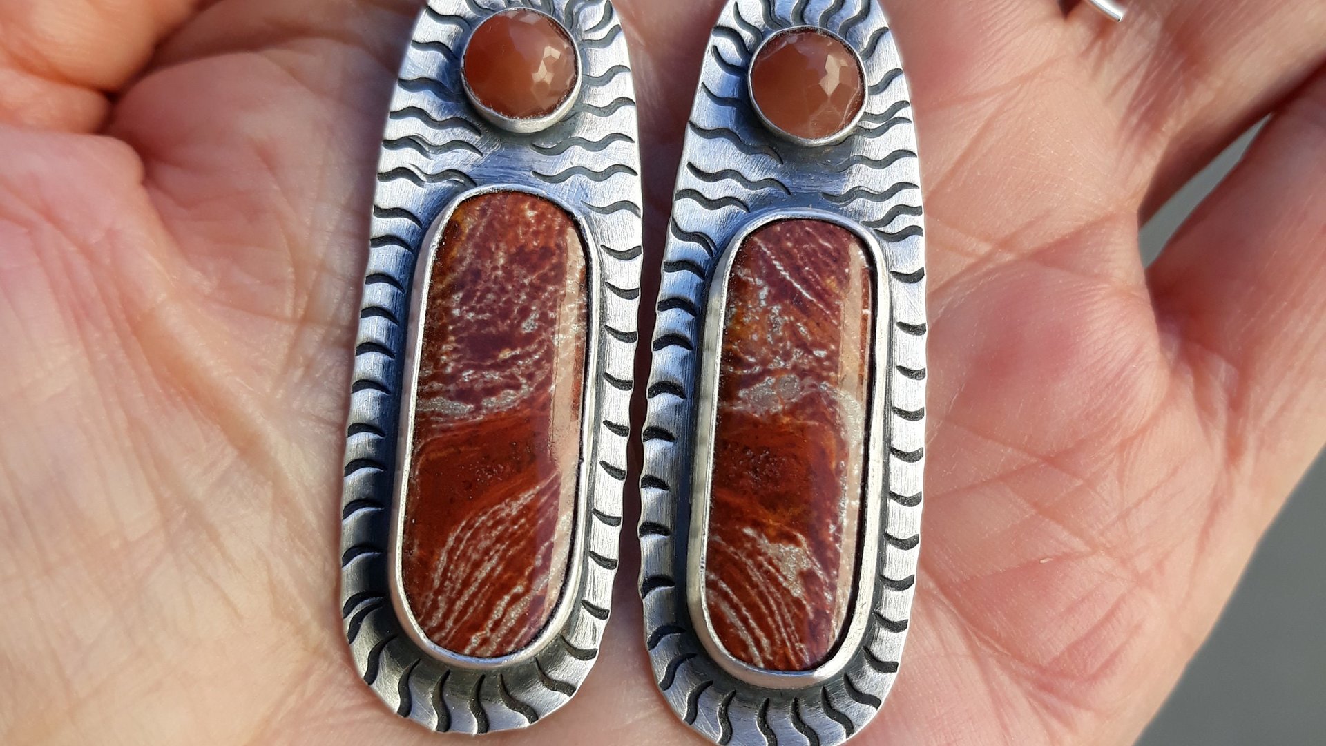 Rust Red Brown Ribbon Jasper Brown Moonstone Oxidized Sterling Silver Hand Stamped Dangle Earrings