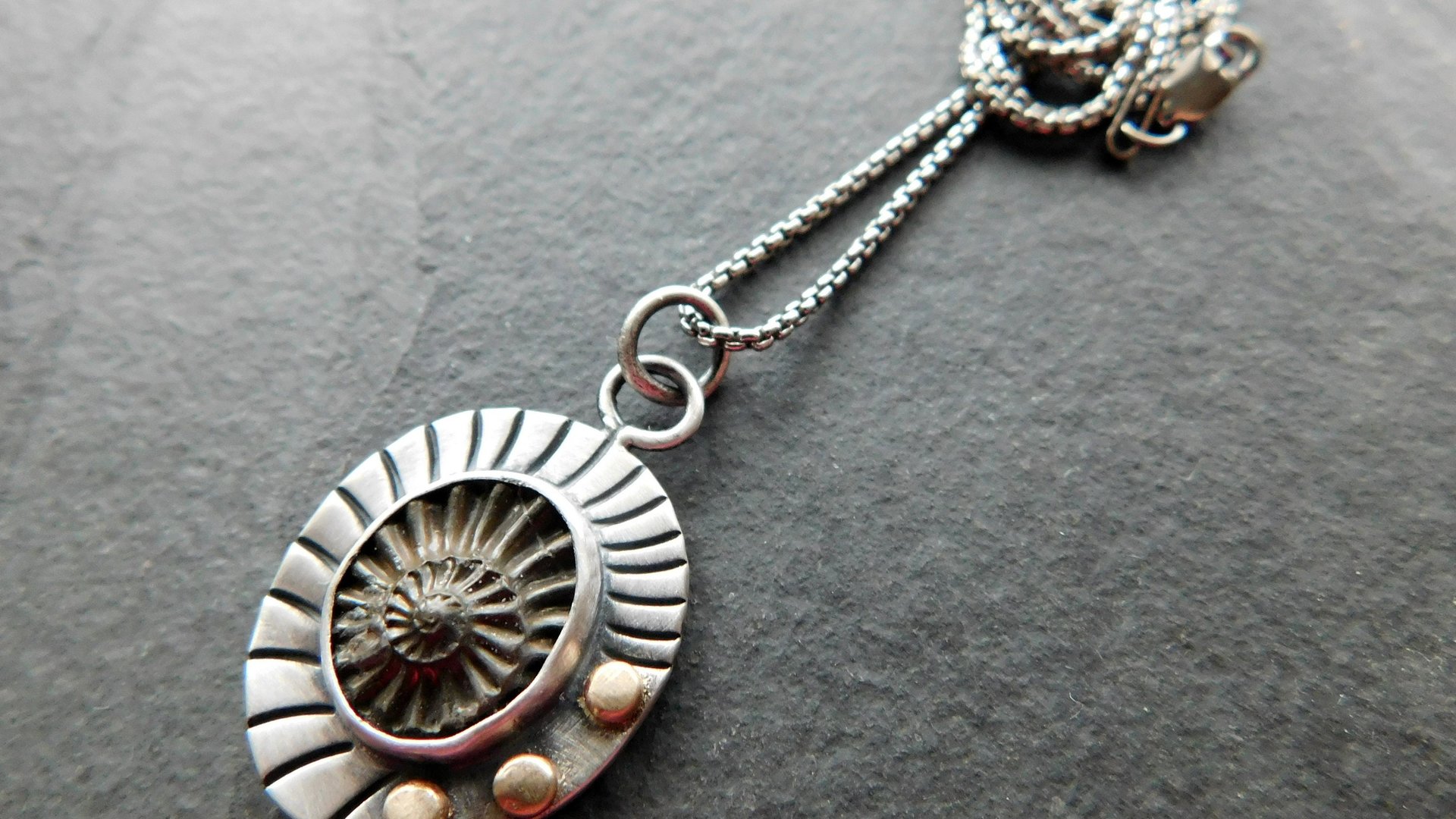 Pyritized Ammonite Negative Stone Stamped Sterling Silver 14k Gold Mixed Metal Pendant Necklace