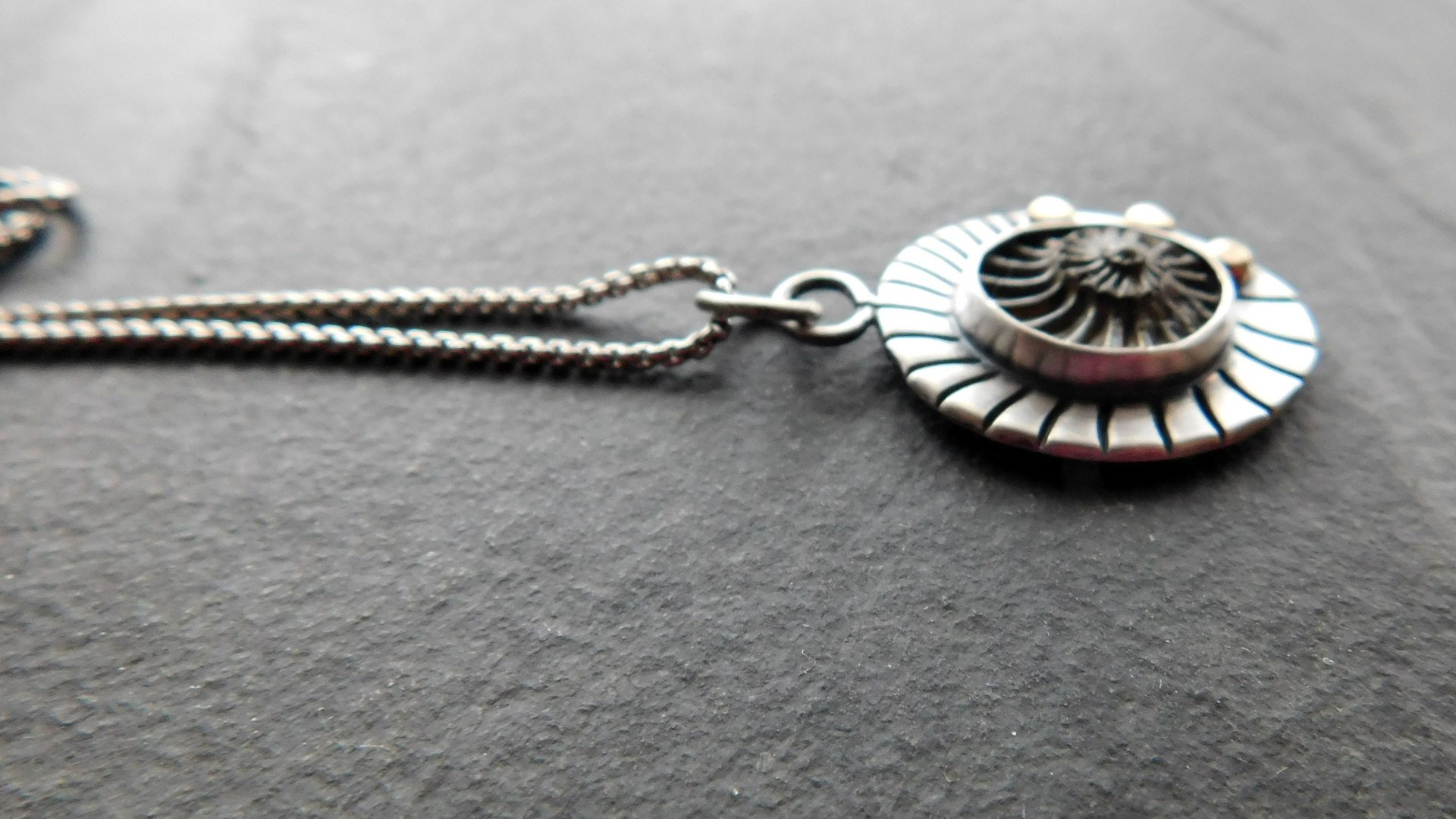 Pyritized Ammonite Negative Stone Stamped Sterling Silver 14k Gold Mixed Metal Pendant Necklace