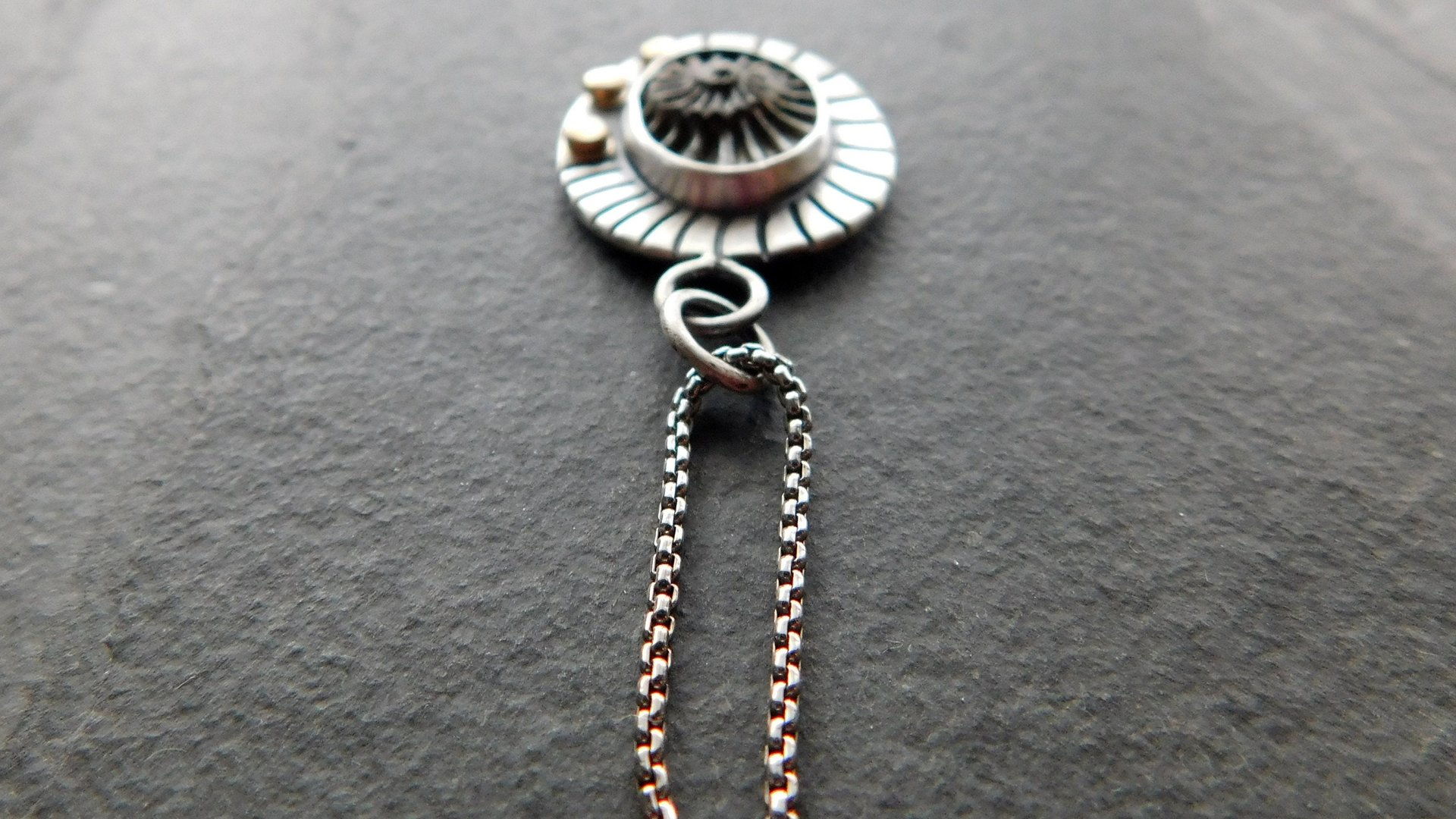 Pyritized Ammonite Negative Stone Stamped Sterling Silver 14k Gold Mixed Metal Pendant Necklace