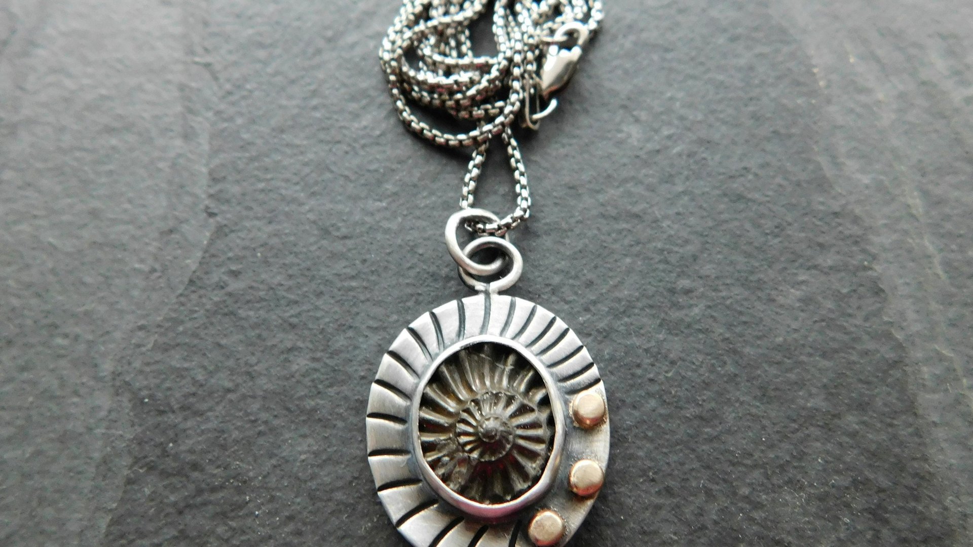 Pyritized Ammonite Negative Stone Stamped Sterling Silver 14k Gold Mixed Metal Pendant Necklace