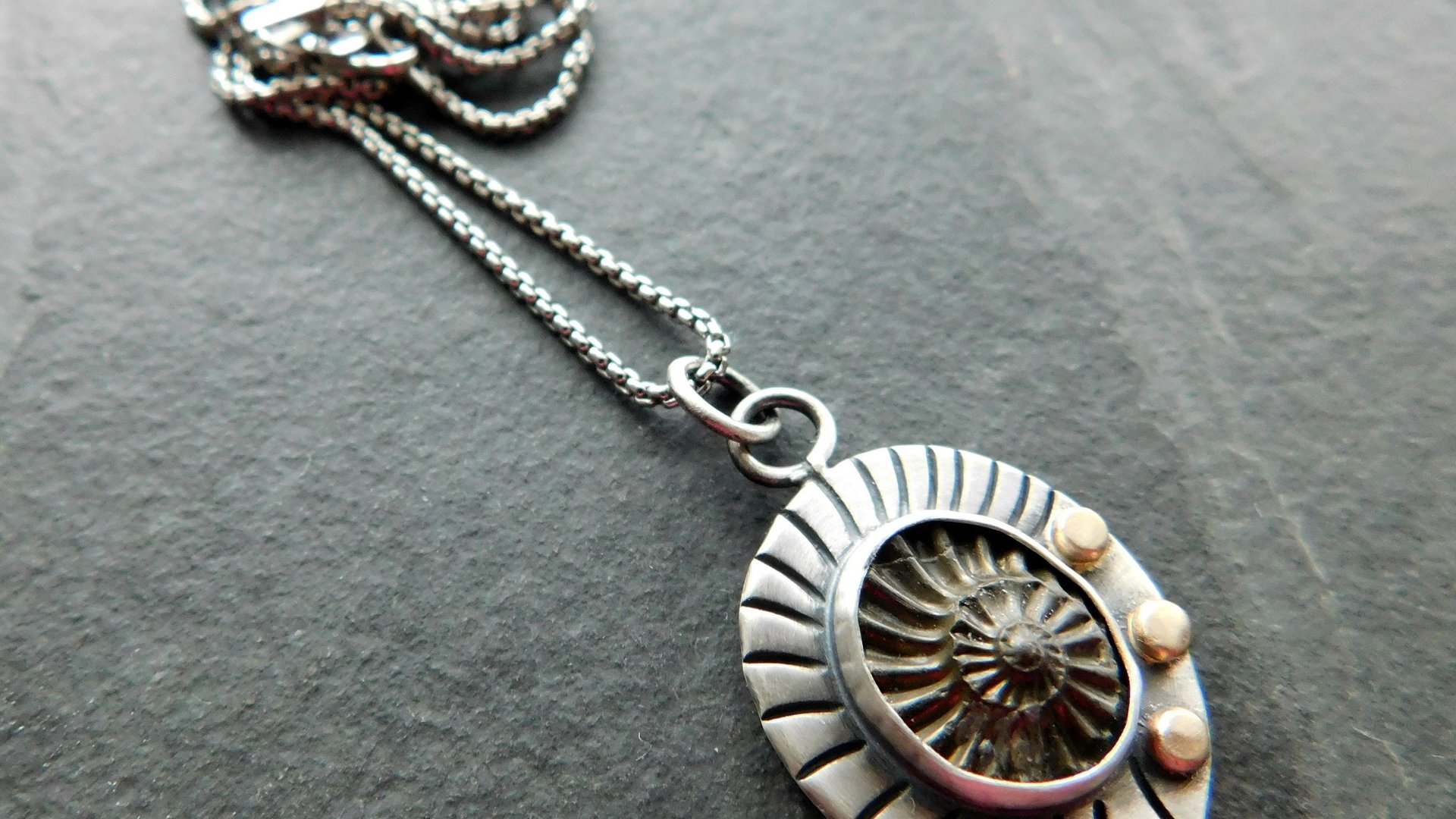 Pyritized Ammonite Negative Stone Stamped Sterling Silver 14k Gold Mixed Metal Pendant Necklace