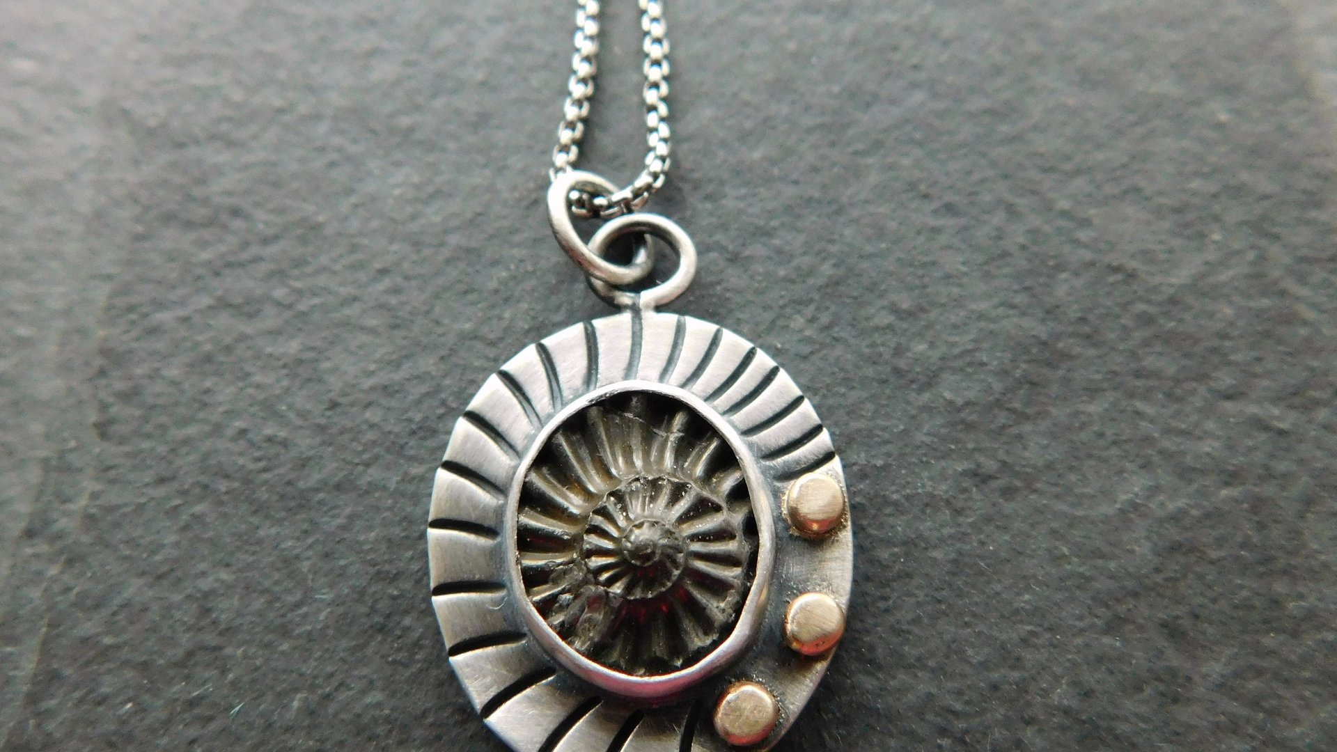 Pyritized Ammonite Negative Stone Stamped Sterling Silver 14k Gold Mixed Metal Pendant Necklace