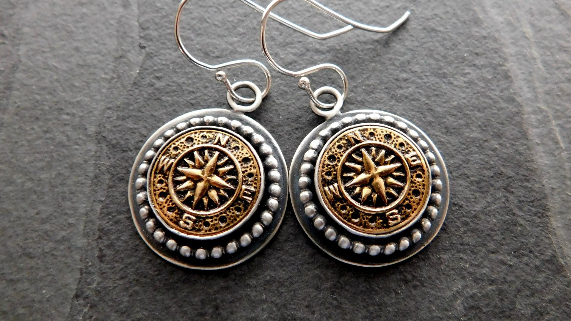 Vintage 1970s Gold-tone Metal Compass Button Sterling Silver Dangle Earrings