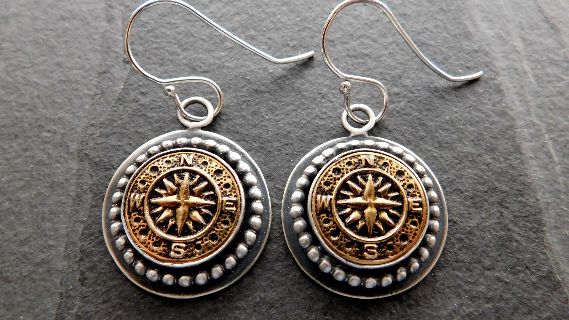 Vintage 1970s Gold-tone Metal Compass Button Sterling Silver Dangle Earrings