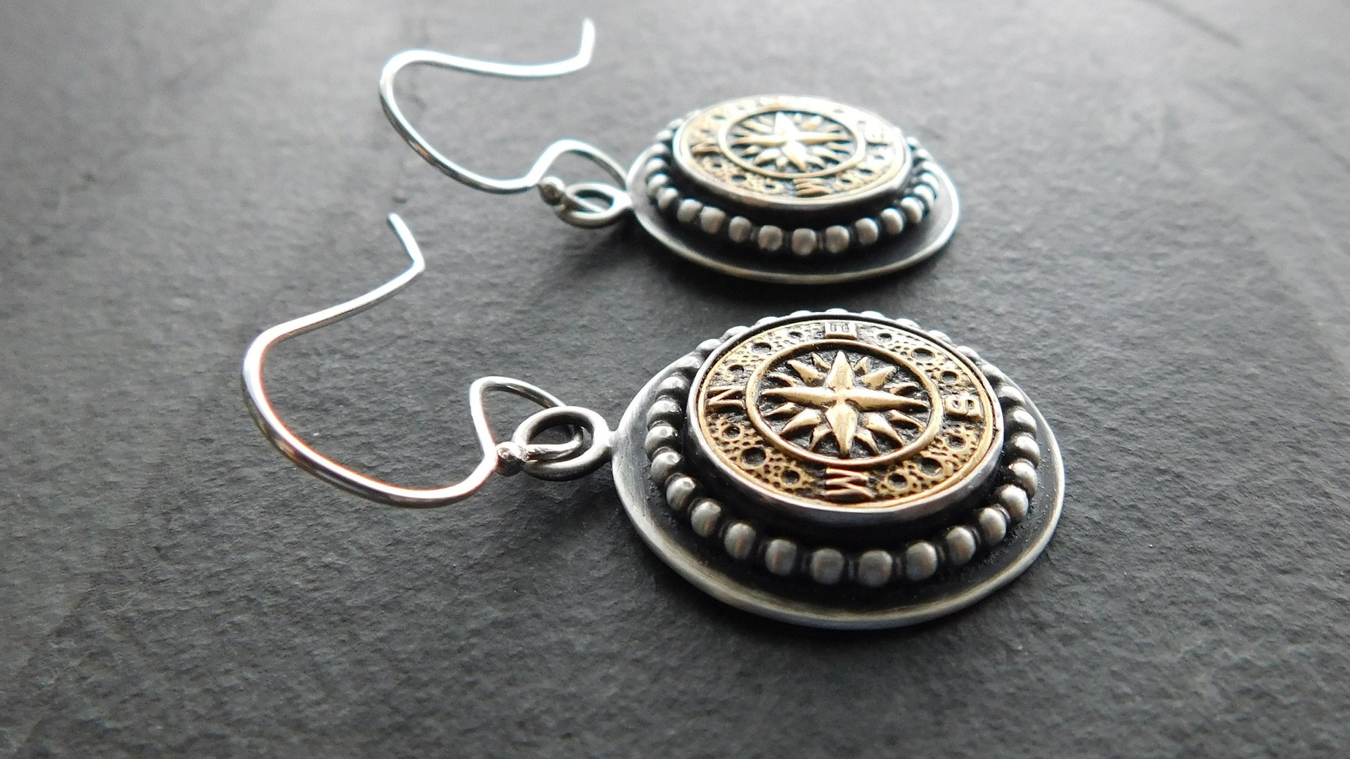 Vintage 1970s Gold-tone Metal Compass Button Sterling Silver Dangle Earrings
