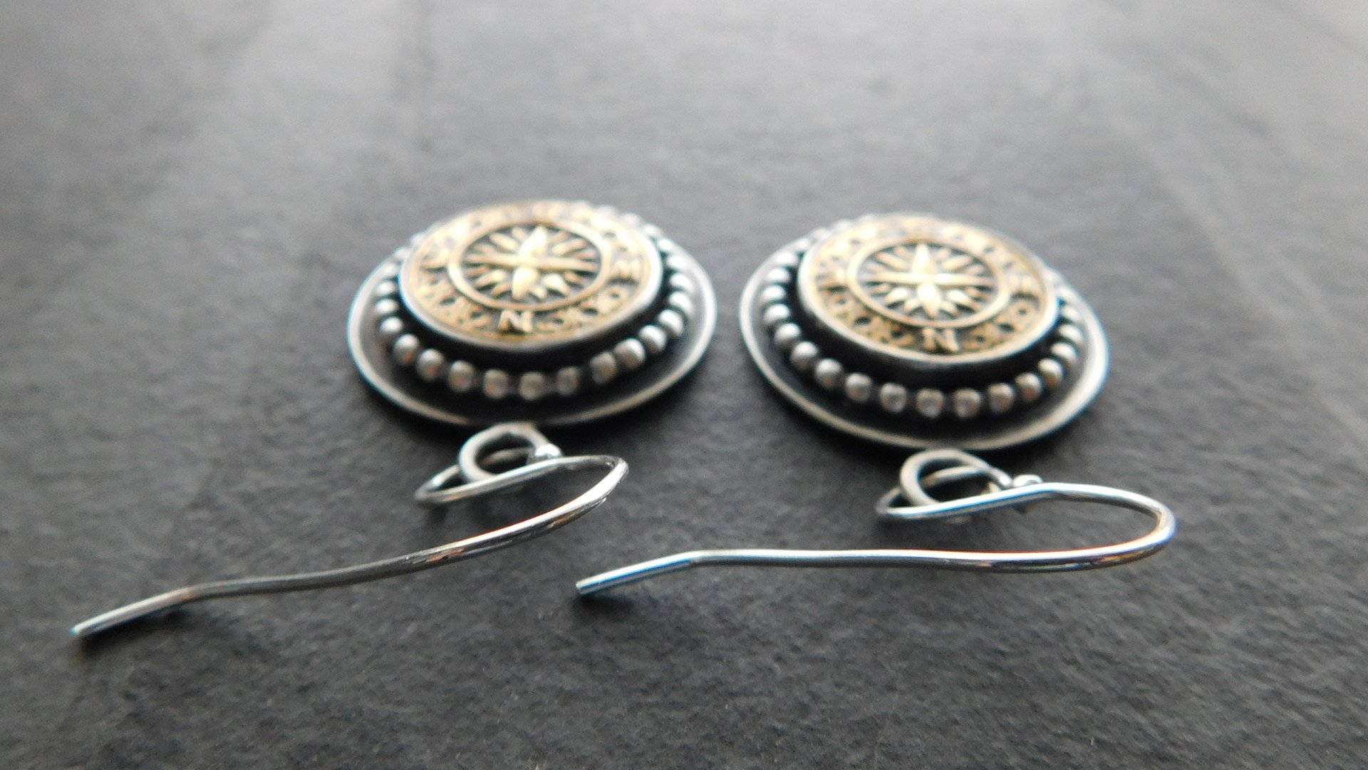 Vintage 1970s Gold-tone Metal Compass Button Sterling Silver Dangle Earrings