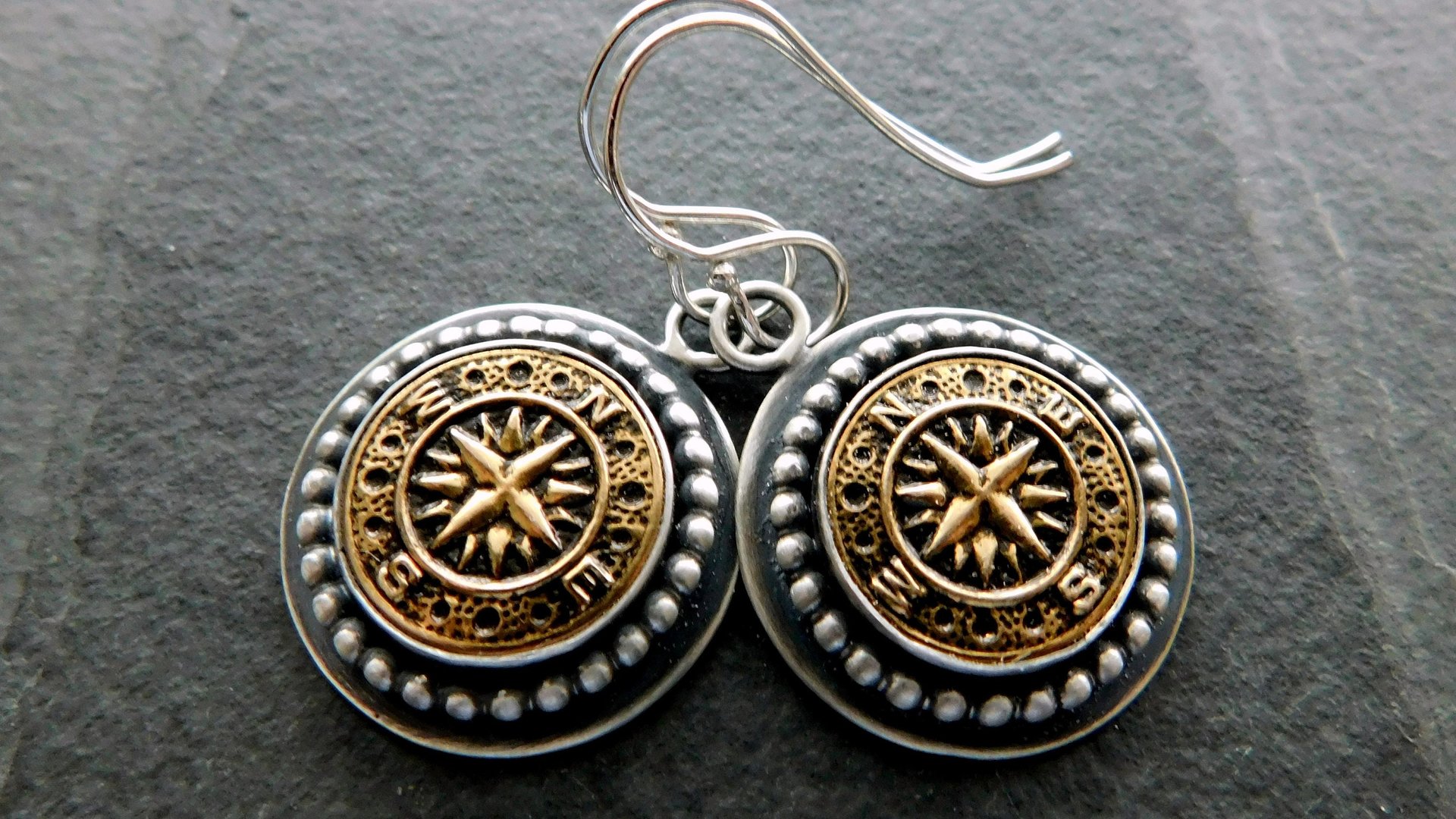 Vintage 1970s Gold-tone Metal Compass Button Sterling Silver Dangle Earrings