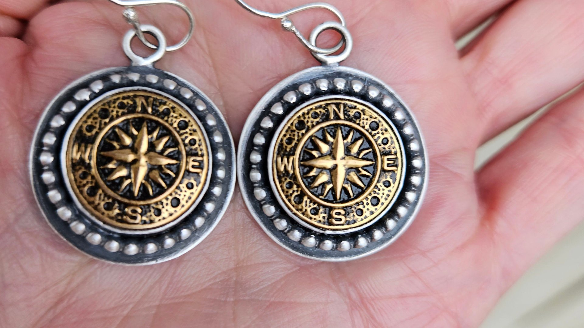 Vintage 1970s Gold-tone Metal Compass Button Sterling Silver Dangle Earrings