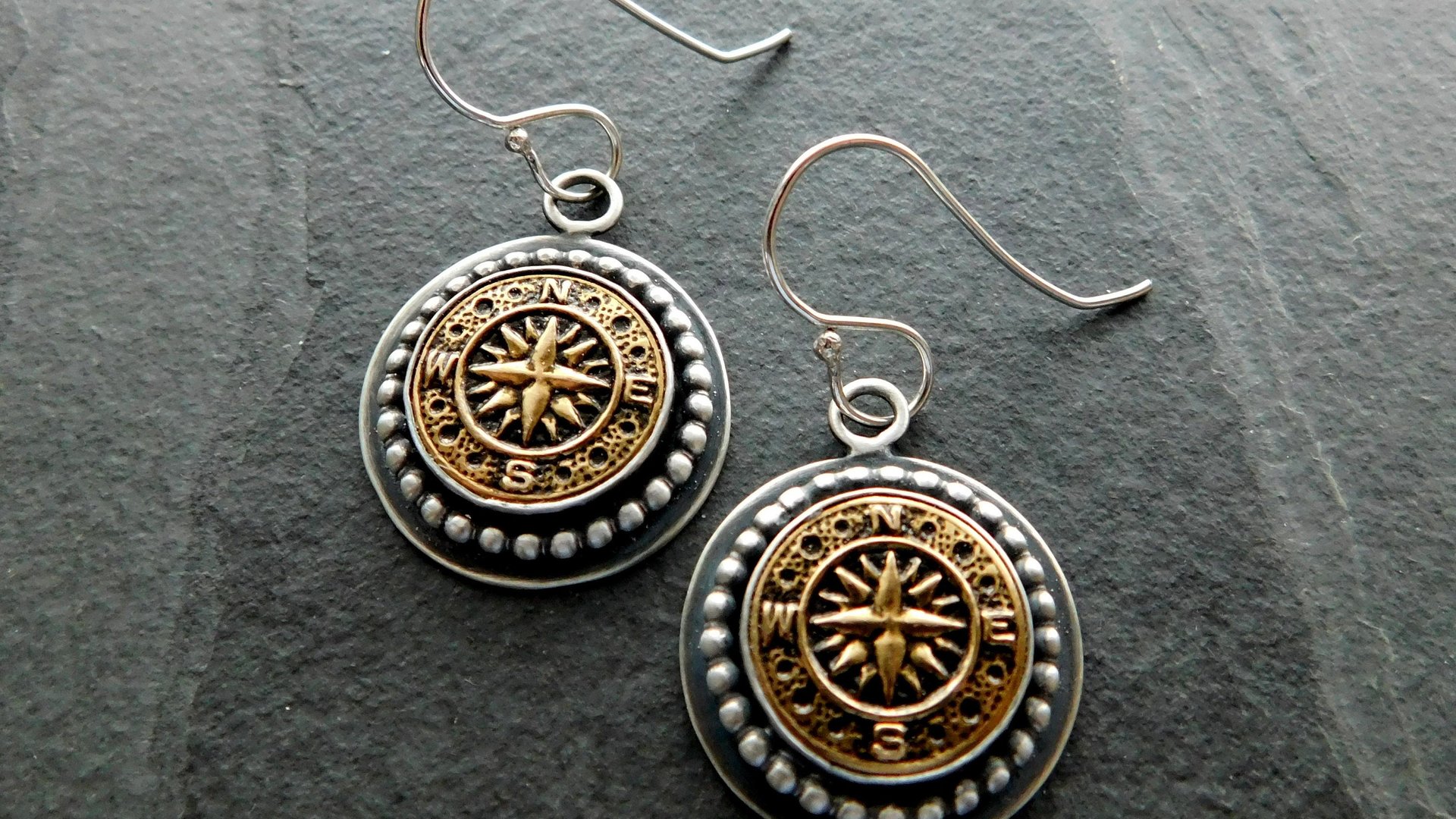 Vintage 1970s Gold-tone Metal Compass Button Sterling Silver Dangle Earrings
