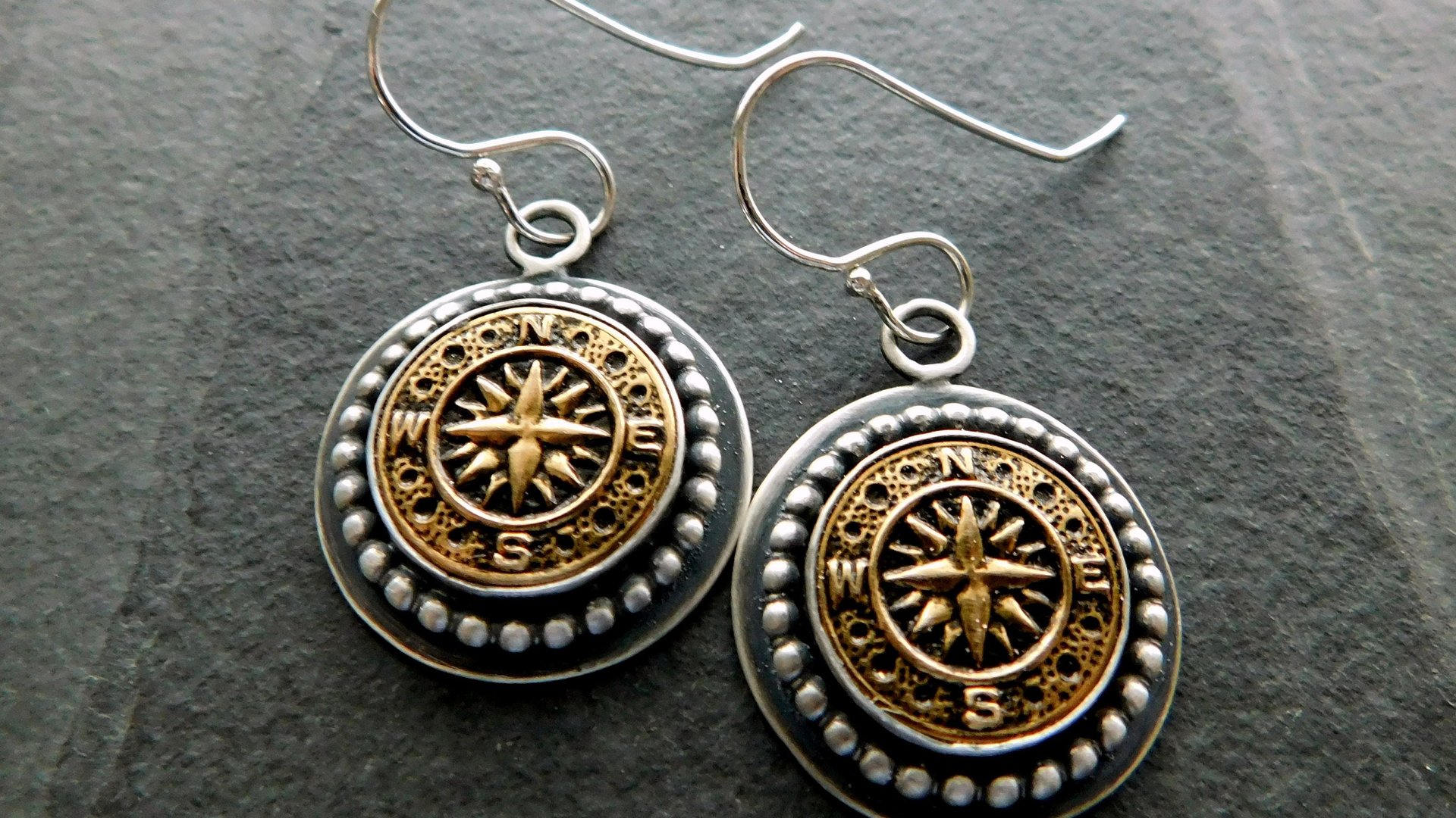 Vintage 1970s Gold-tone Metal Compass Button Sterling Silver Dangle Earrings