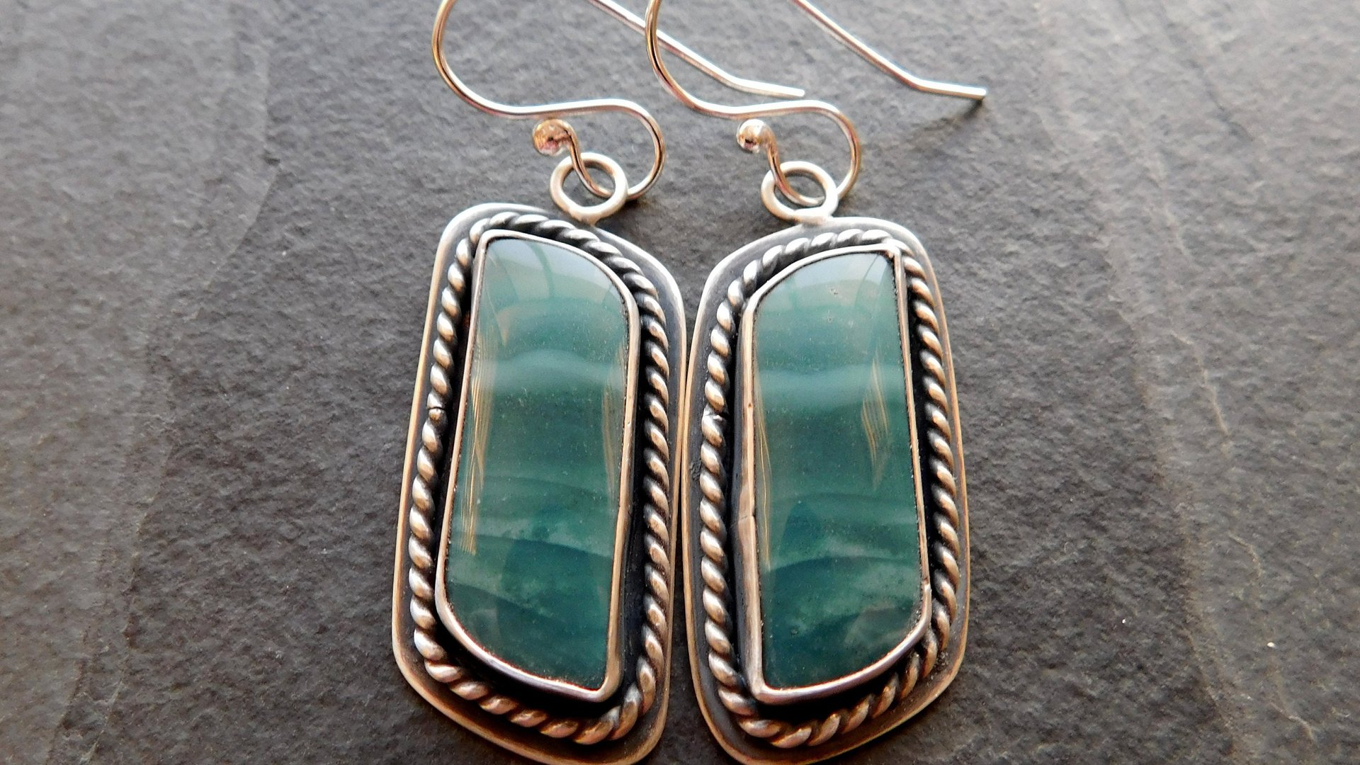 Teal Green Imperial Jasper Ocean Scene Stone Sterling Silver Dangle Earrings