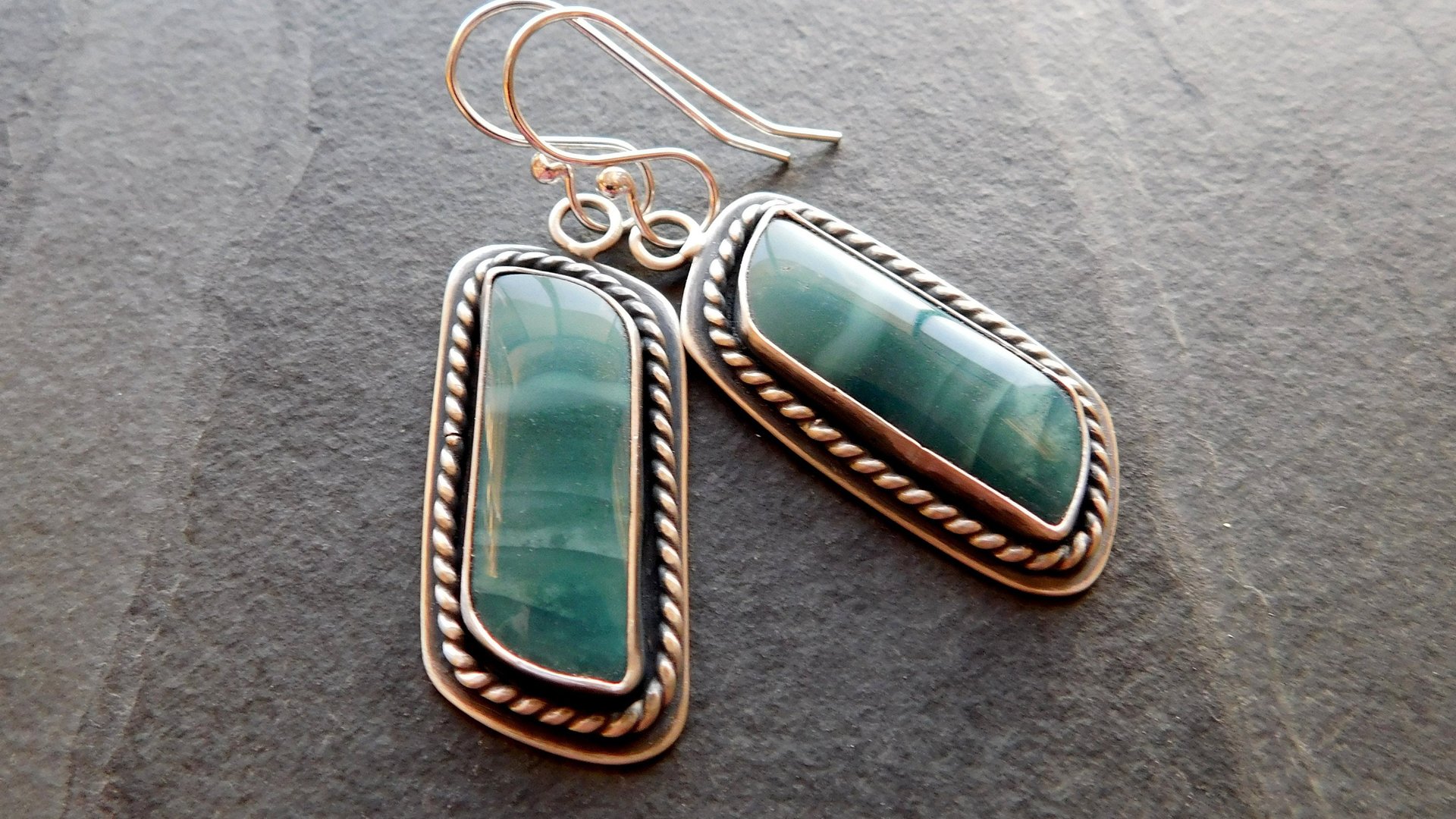 Teal Green Imperial Jasper Ocean Scene Stone Sterling Silver Dangle Earrings