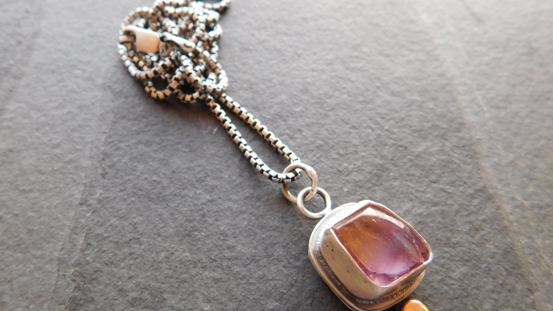 Raw Mineral Ametrine Nugget 14K Gold Dot Oxidized Sterling Silver Minimalist Pendant Necklace