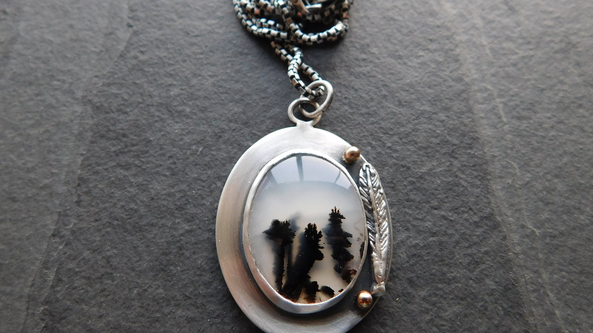 Dendritic Agate Feathers Oxidized Sterling Silver 14K Gold Mixed Metal Pendant Necklace