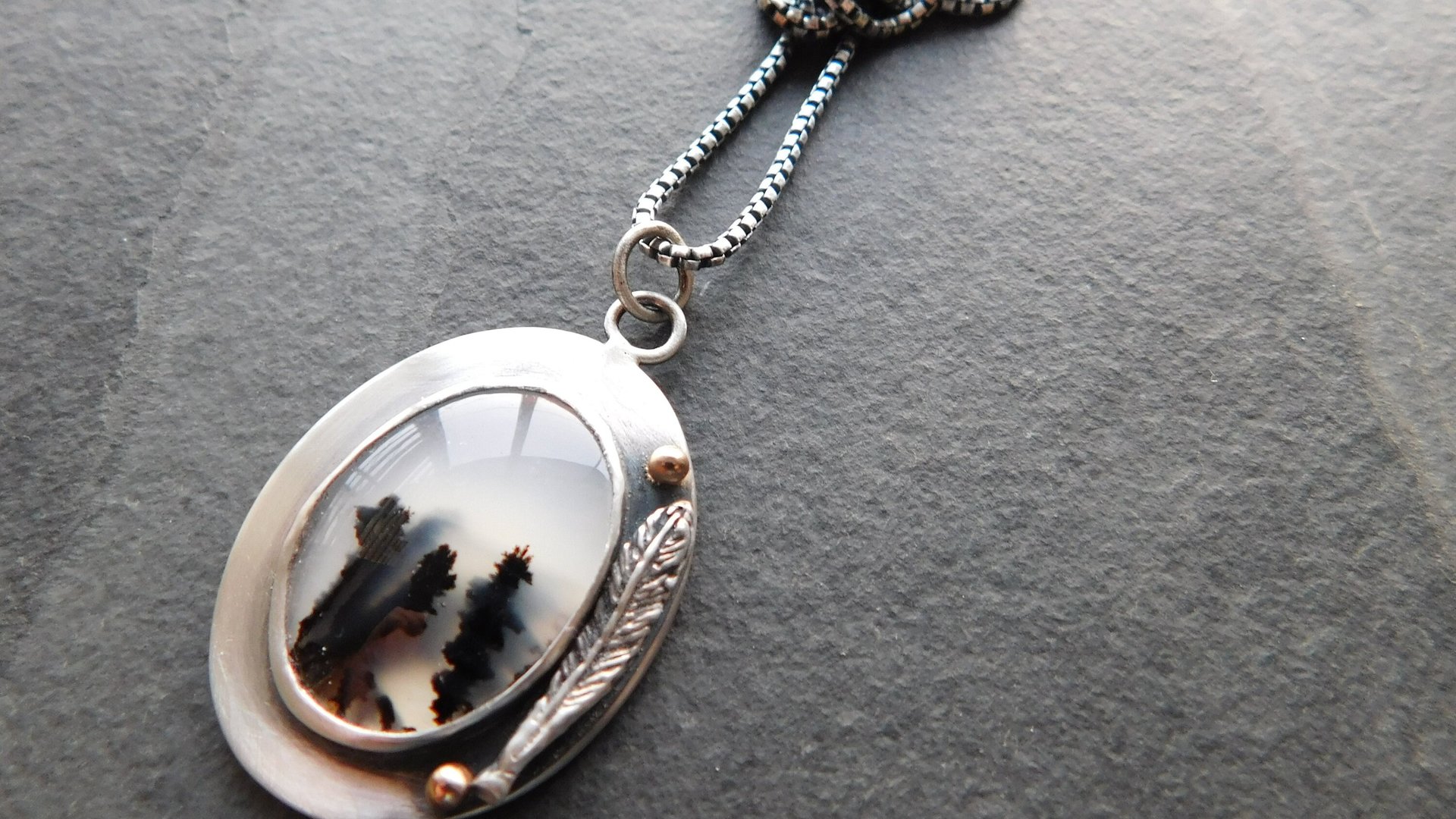 Dendritic Agate Feathers Oxidized Sterling Silver 14K Gold Mixed Metal Pendant Necklace
