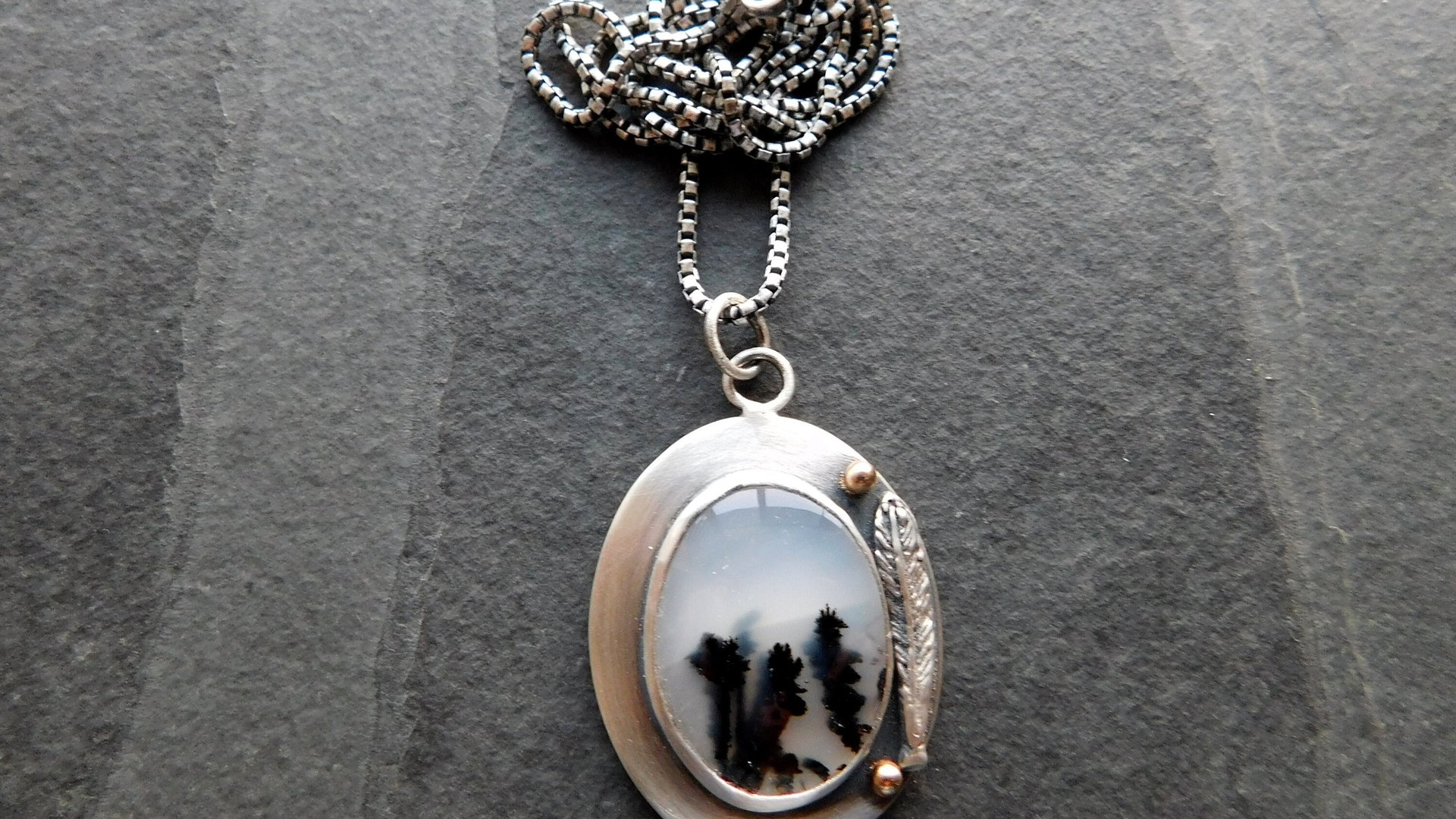 Dendritic Agate Feathers Oxidized Sterling Silver 14K Gold Mixed Metal Pendant Necklace