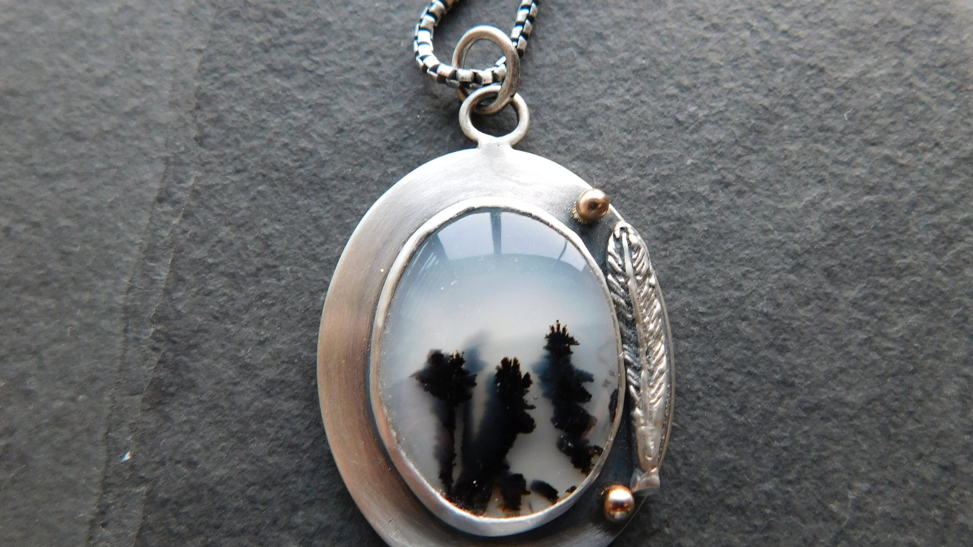 Dendritic Agate Feathers Oxidized Sterling Silver 14K Gold Mixed Metal Pendant Necklace