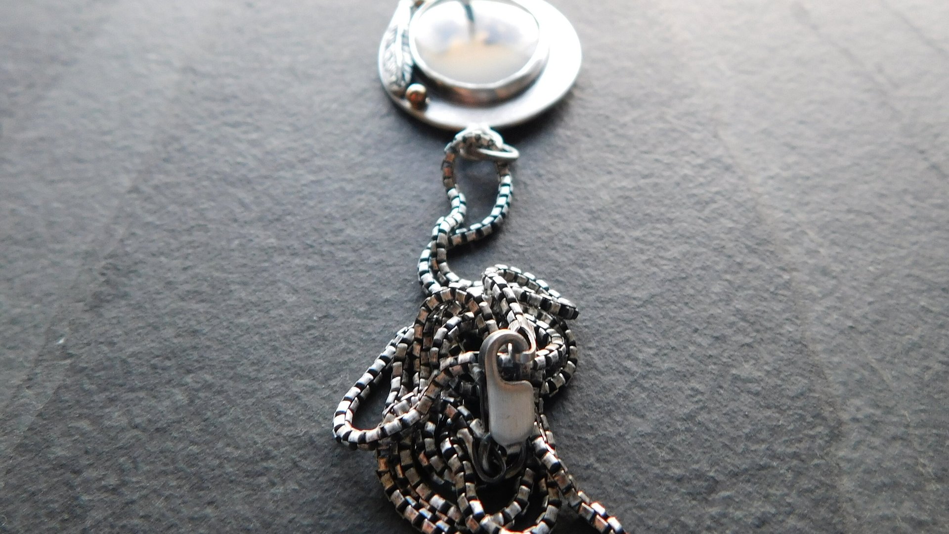Dendritic Agate Feathers Oxidized Sterling Silver 14K Gold Mixed Metal Pendant Necklace