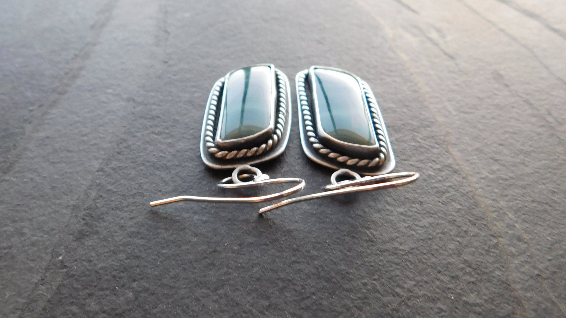 Teal Green Imperial Jasper Ocean Scene Stone Sterling Silver Dangle Earrings
