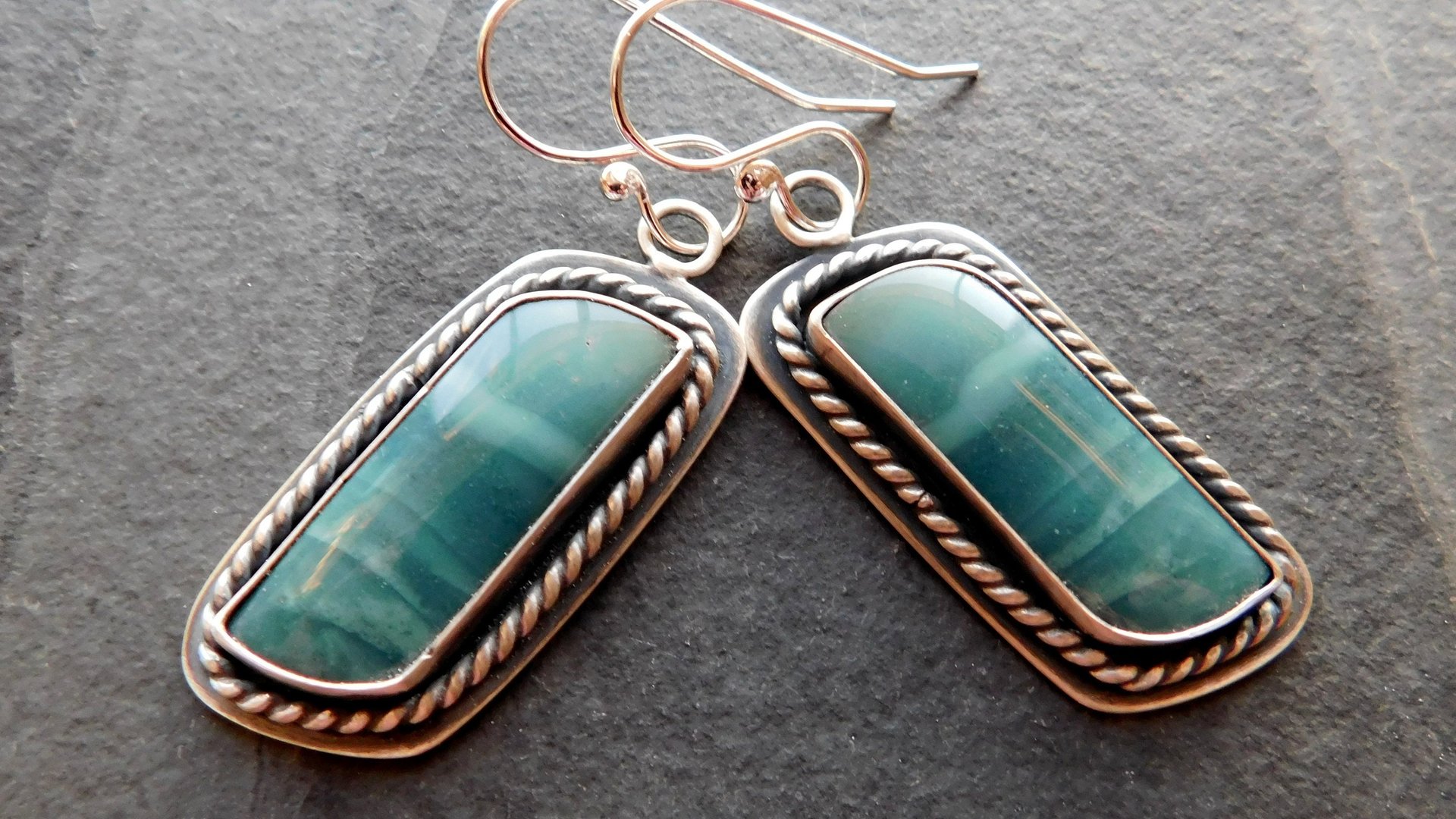 Teal Green Imperial Jasper Ocean Scene Stone Sterling Silver Dangle Earrings
