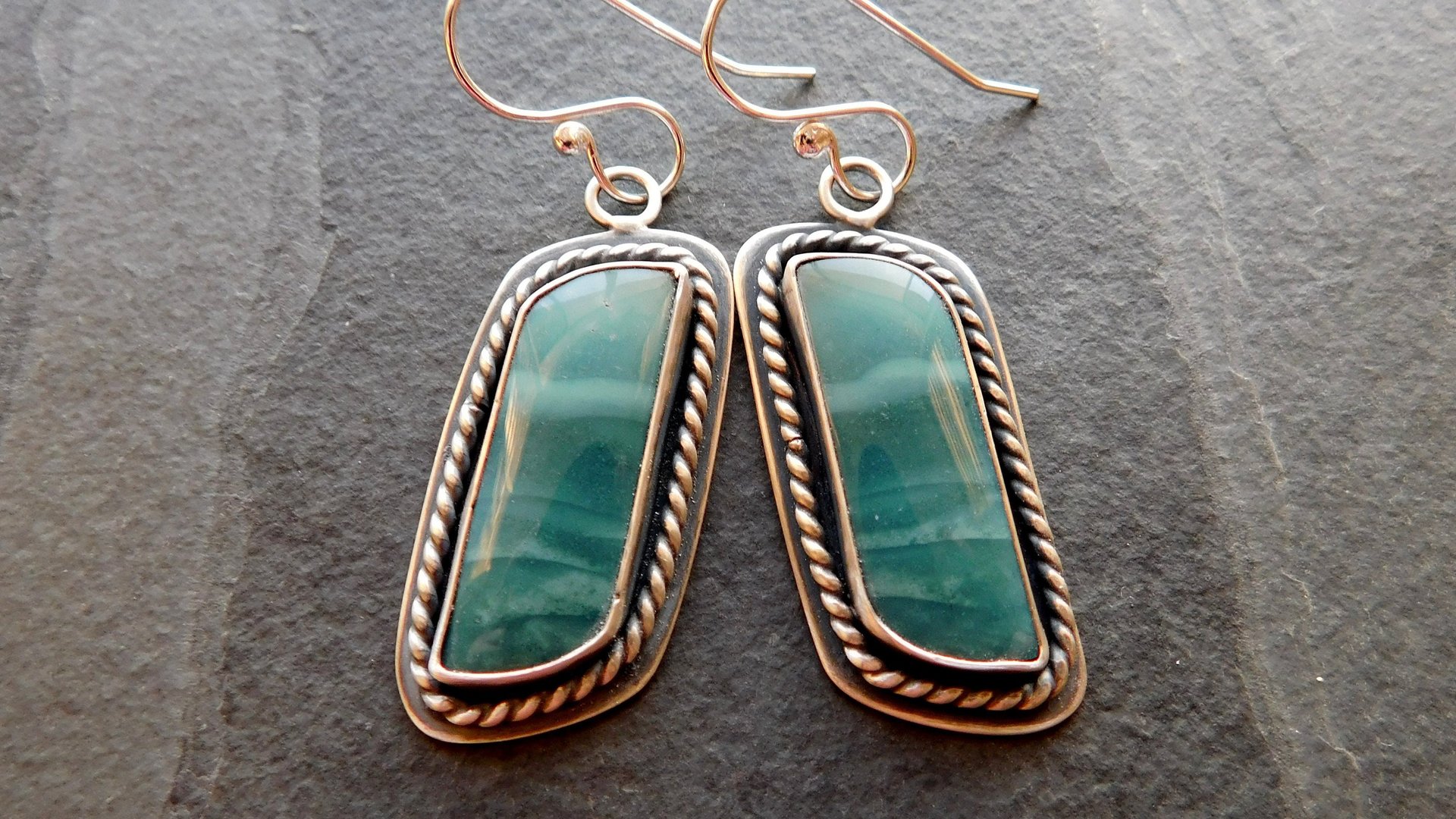 Teal Green Imperial Jasper Ocean Scene Stone Sterling Silver Dangle Earrings