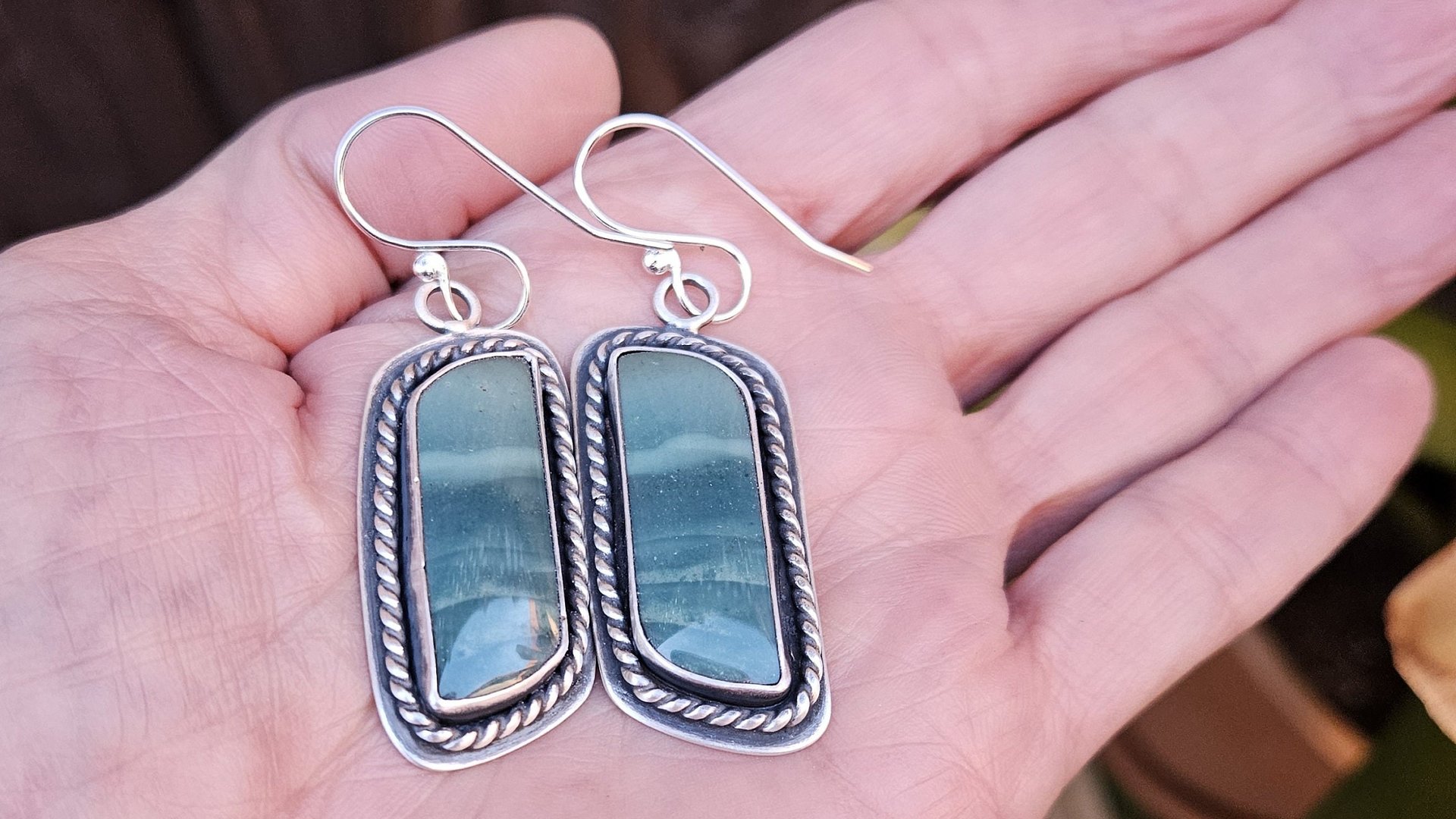 Teal Green Imperial Jasper Ocean Scene Stone Sterling Silver Dangle Earrings