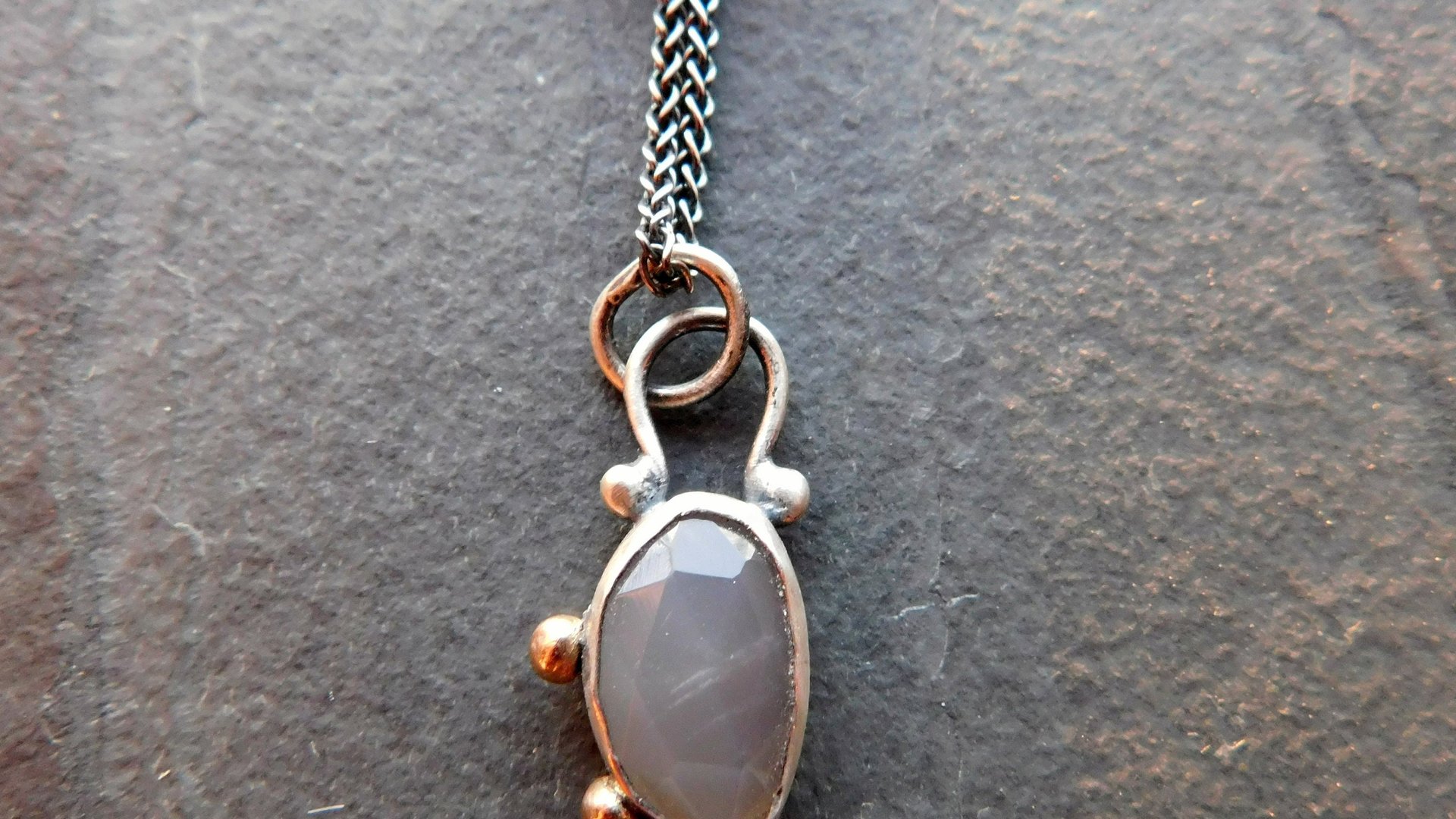 Dark Grey Moonstone Sterling Silver 14K Gold Asymmetrical Minimalist Pendant Necklace