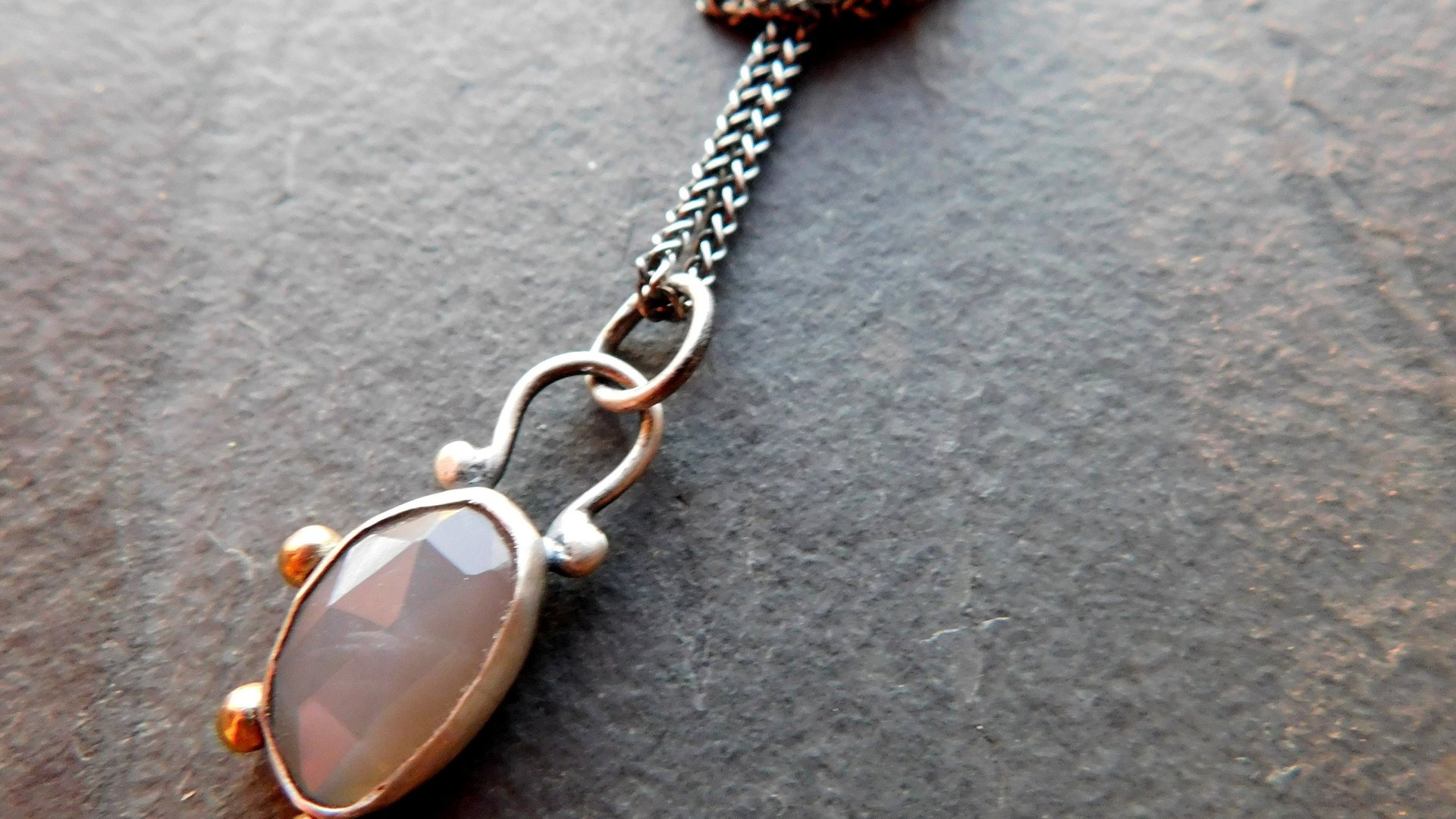 Dark Grey Moonstone Sterling Silver 14K Gold Asymmetrical Minimalist Pendant Necklace