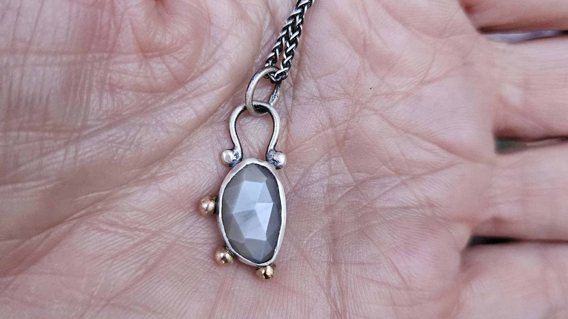 Dark Grey Moonstone Sterling Silver 14K Gold Asymmetrical Minimalist Pendant Necklace